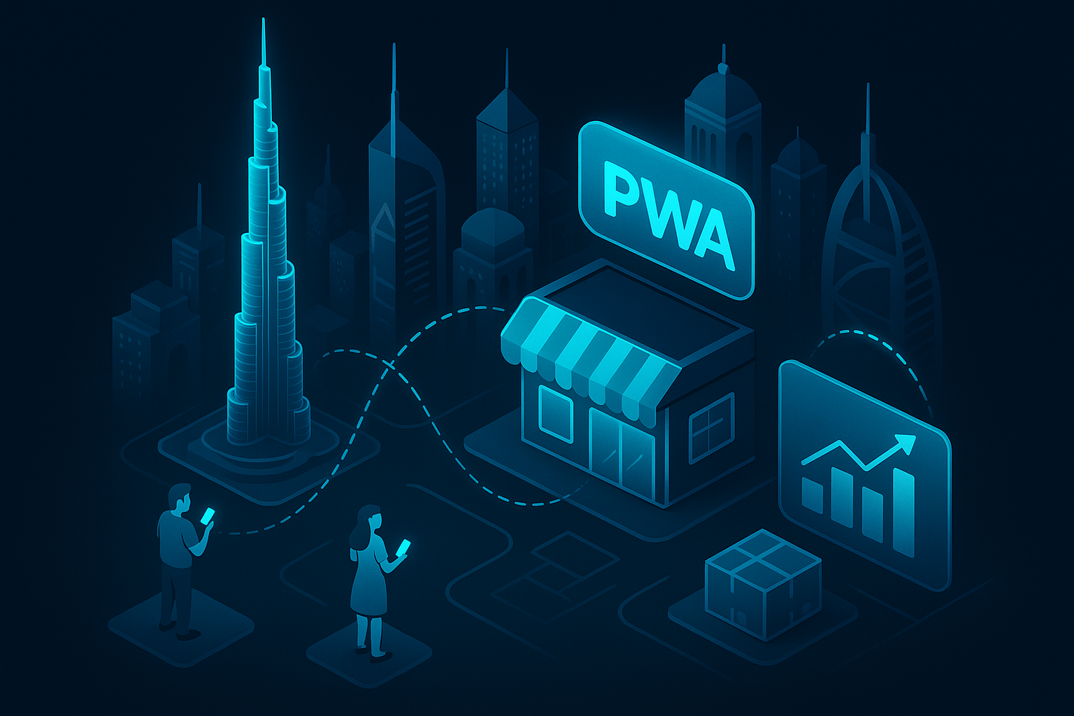 A detailed, futuristic 3D isometric view of a dark mode Dubai skyline with cyan #00D4FF data streams connecting shoppers on phones to fulfillment hubs, a glowing PWA install banner floating above a storefront, and ROI graphs rising in glass panels