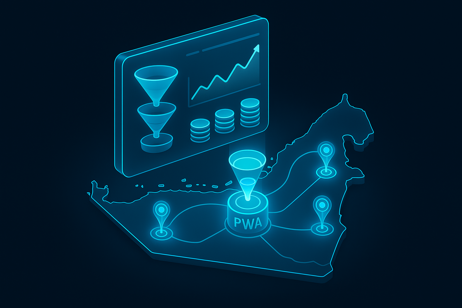 A detailed, futuristic 3D isometric description of a glass dashboard floating above a UAE map, with glowing funnels, coins stacking as metrics improve, and animated lines linking Dubai, Abu Dhabi, and Sharjah to a central PWA hub