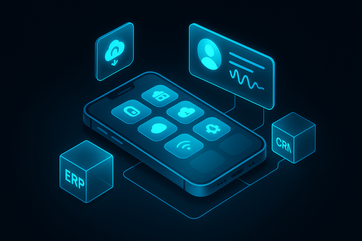A detailed, futuristic 3D isometric description of a glassmorphism smartphone grid of PWA icons glowing cyan, showing offline sync, push notifications, and an AI assistant card connected to ERP and CRM cubes