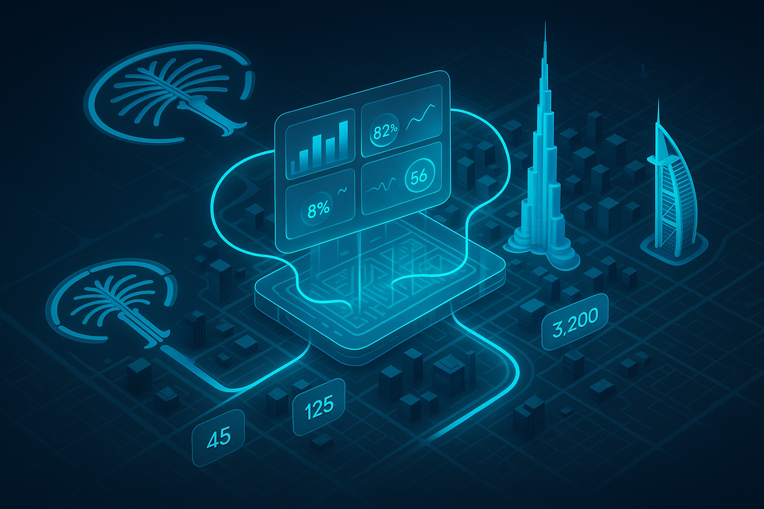 A detailed, futuristic 3D isometric map of Dubai Marina to Downtown with cyan #00D4FF data streams linking landmarks to a central glass dashboard, holographic KPIs hovering above roads, dark mode city grid, subtle Arabic calligraphy motifs integrated into UI panels