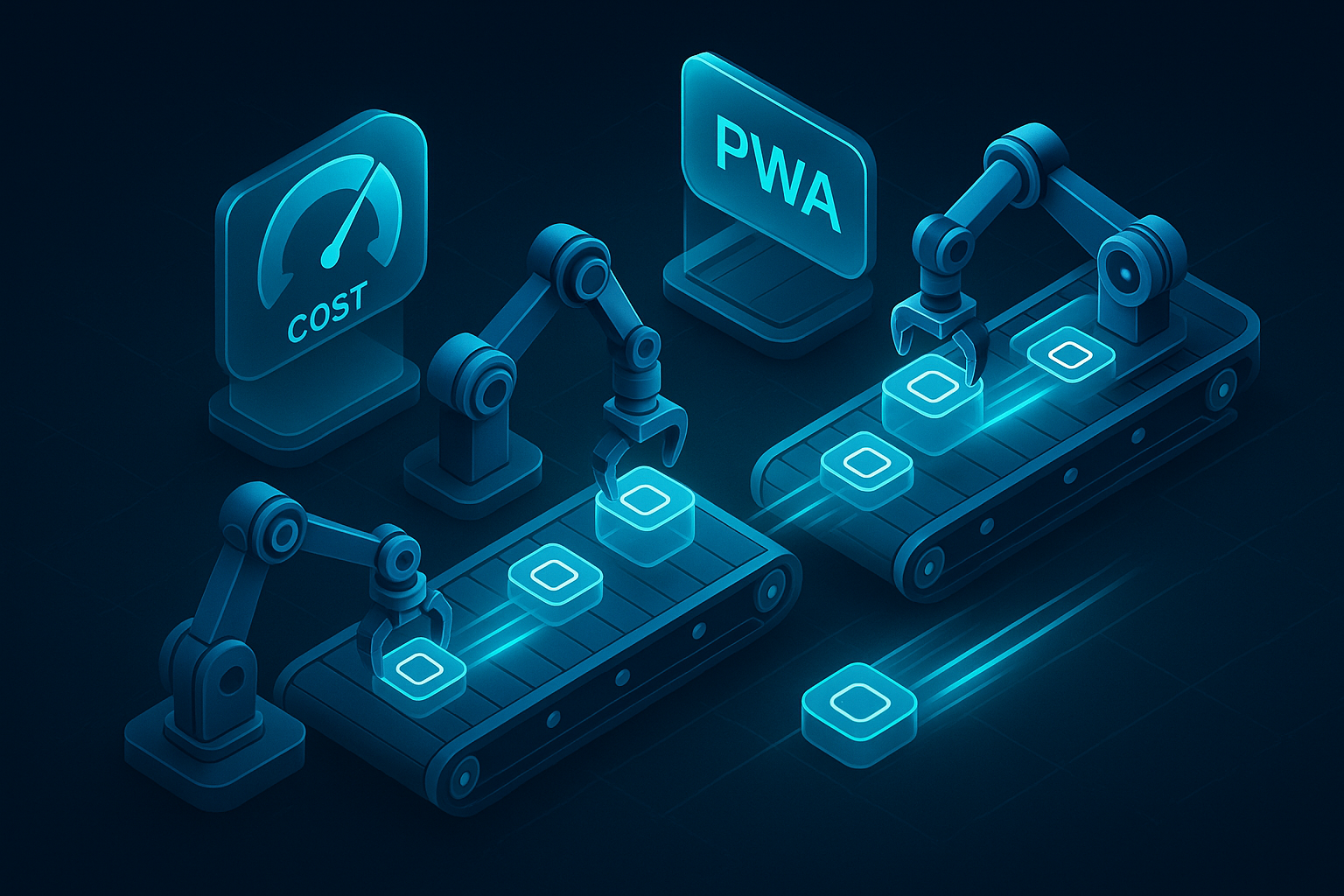 A detailed, futuristic 3D isometric description of two parallel production lines, one labeled PWA and one labeled Native, each with robotic arms assembling app modules, cyan light trails indicating speed, and a cost gauge dropping on the PWA line, all in glassmorphism style