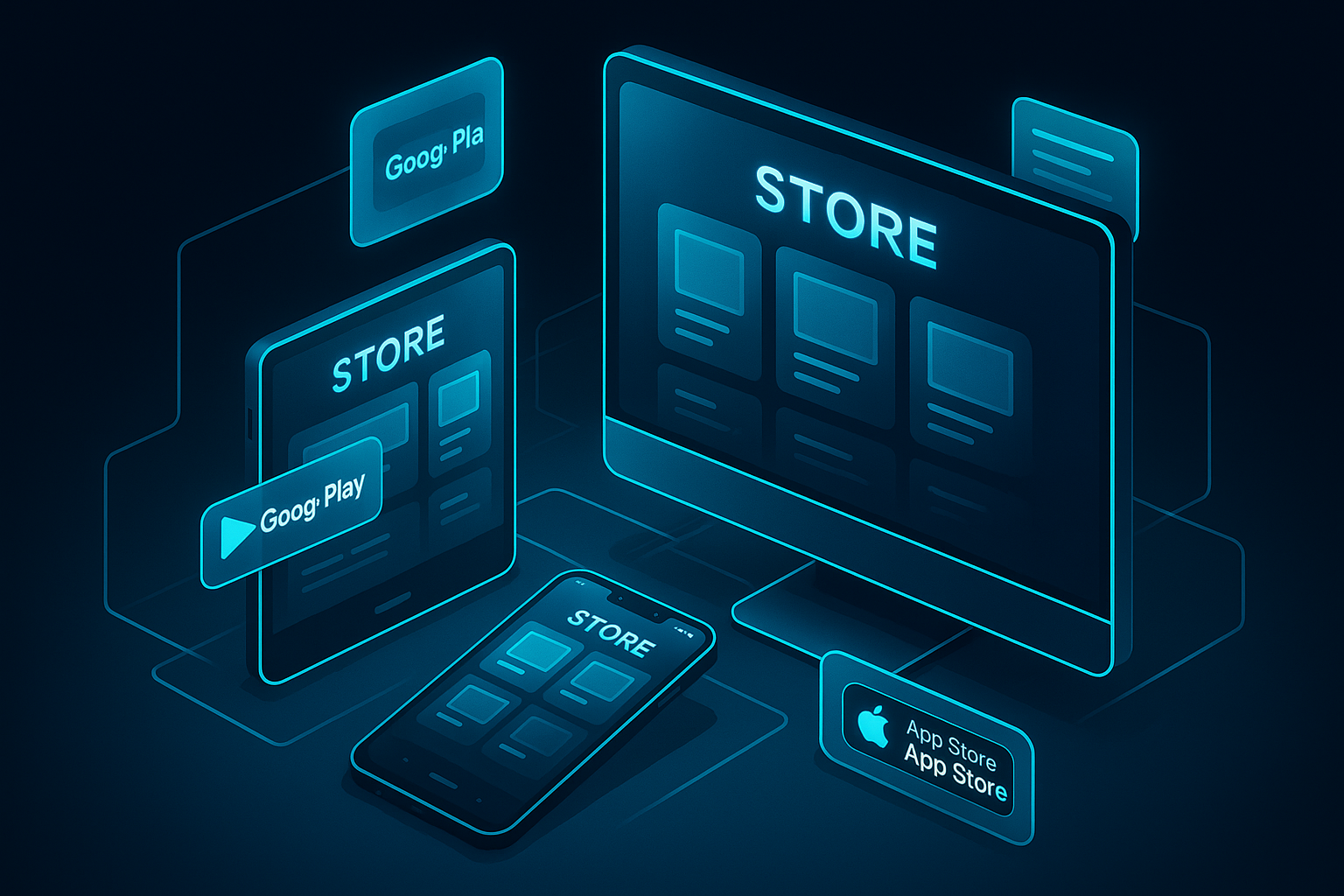 A detailed, futuristic 3D isometric description of a PWA storefront running on phone, tablet, and desktop, with install badges for Google Play and App Store, neon cyan #00D4FF accents, floating cards in glassmorphism