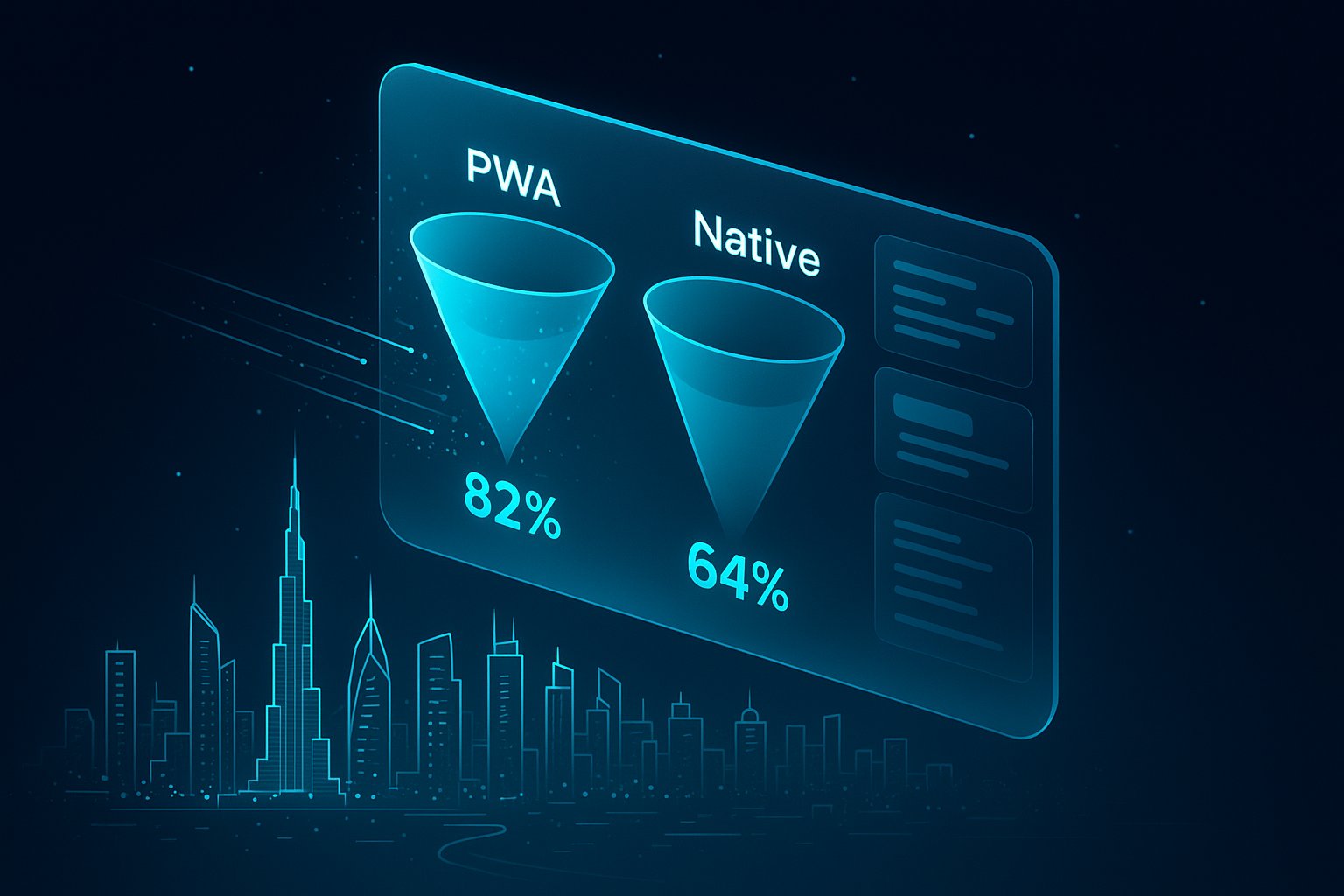 A detailed, futuristic 3D isometric description of a CEO dashboard hovering over a neon Dubai skyline, showing two funnels side by side labeled PWA and Native with glowing cyan conversion percentages, glassmorphism cards, and subtle particle trails indicating faster PWA flow