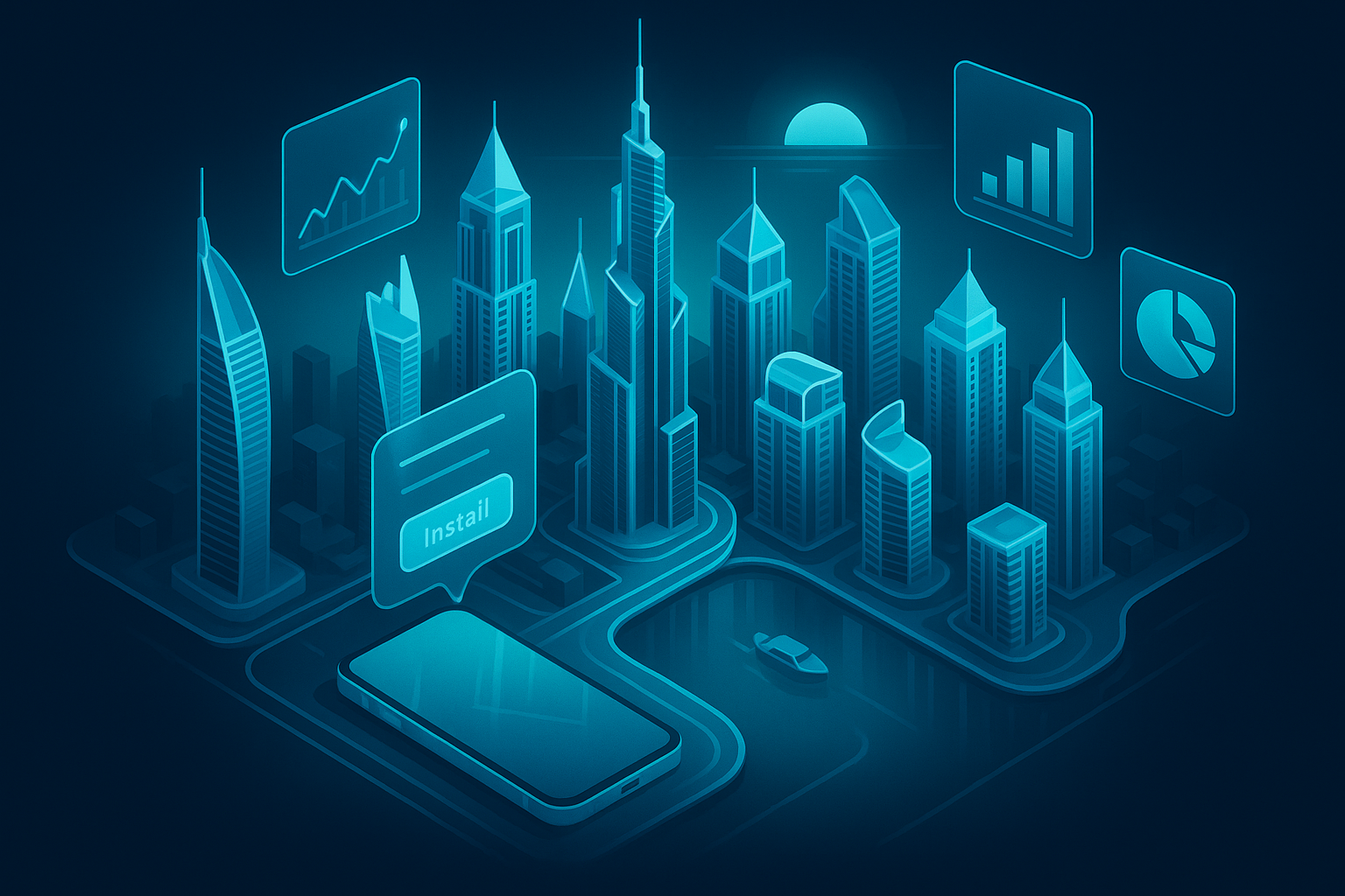 A detailed, futuristic 3D isometric view of Dubai Marina at sunrise, with holographic analytics floating above towers, a phone showing a PWA install prompt, cyan #00D4FF highlights, glassmorphism UI panels casting soft reflections