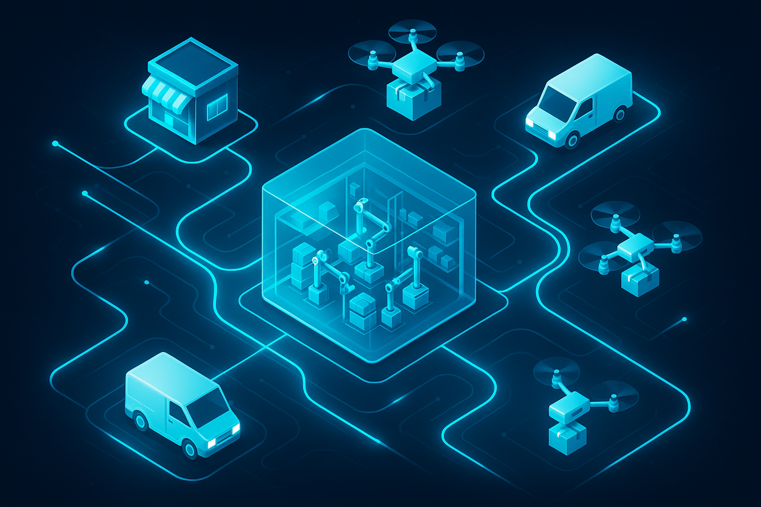 A detailed, futuristic 3D isometric description of a GCC logistics network with neon delivery routes, micro fulfillment hubs, drones and vans in cyan highlights, and a transparent warehouse showing robotic picking under a glassmorphism UI