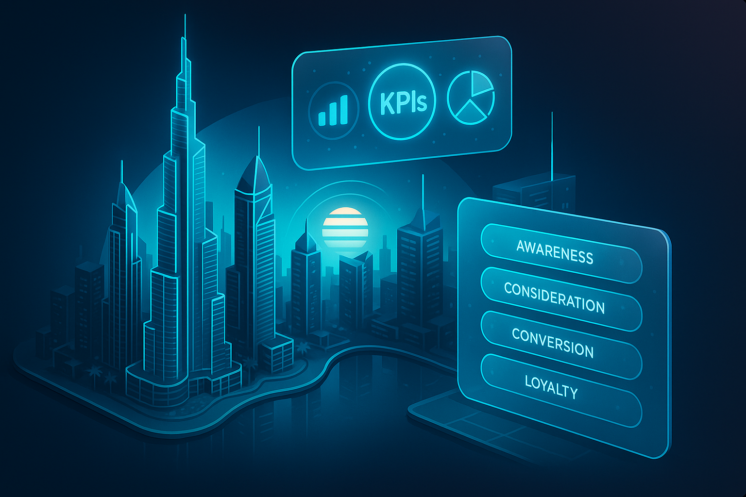 A detailed, futuristic 3D isometric scene of Dubai Marina at sunrise, glassy towers with cyan #00D4FF neon edges, holographic brand KPIs floating above the skyline, and a transparent dashboard panel in glassmorphism style projecting customer journey stages.