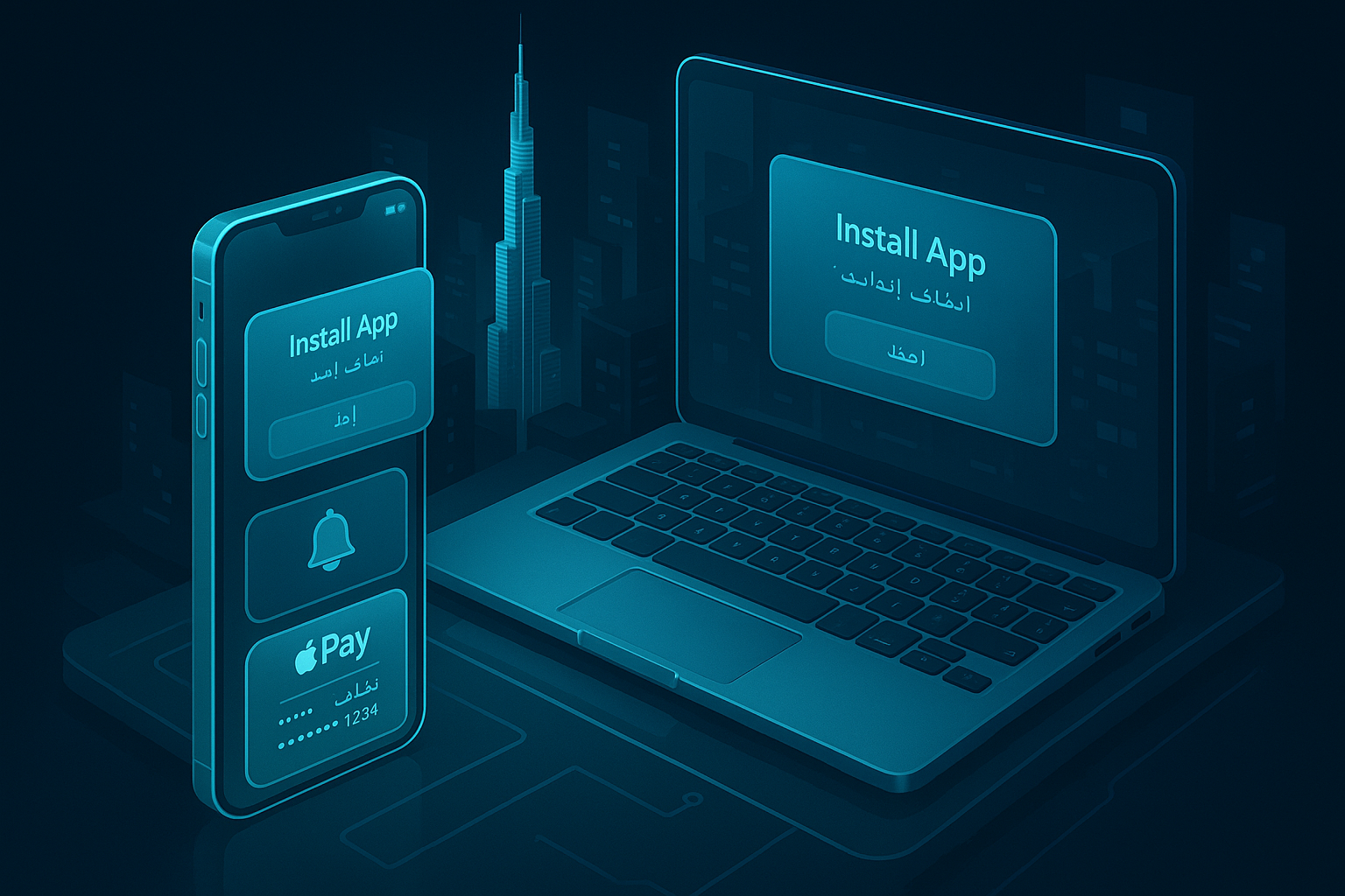 A detailed, futuristic 3D isometric scene of a glasslike smartphone and laptop showing a PWA install prompt, push notification, and Apple Pay sheet, with cyan #00D4FF accents and subtle Arabic UI labels, set against a dark Dubai office backdrop