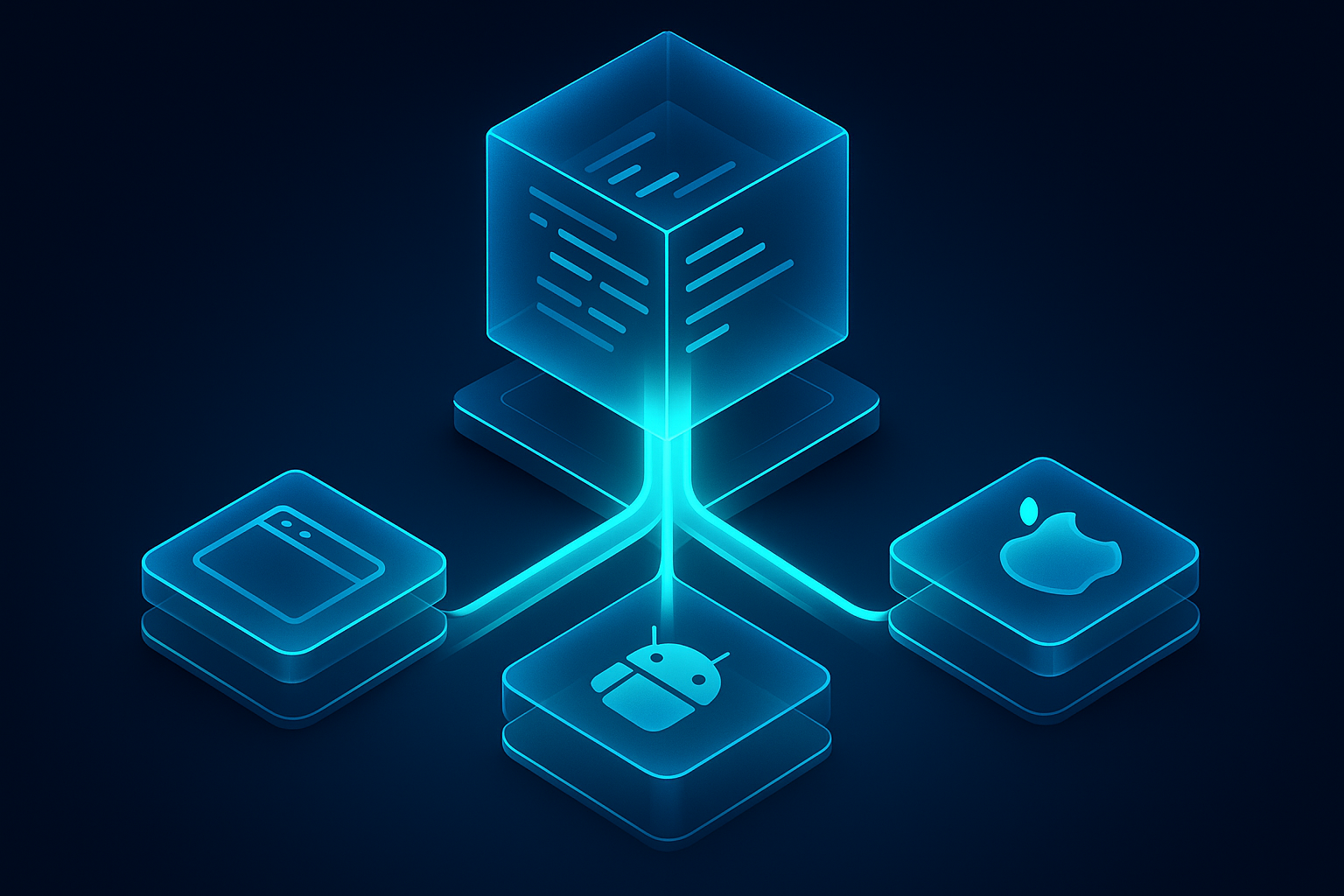 A detailed, futuristic 3D isometric description of a PWA pipeline where a single luminous codebase flows into web, Android Play Store, and iOS App Store tiles, each on translucent glass panels with cyan #00D4FF glow