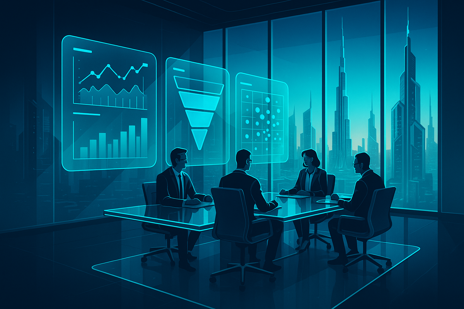 A detailed, futuristic 3D isometric scene of a Dubai boardroom at sunrise, holographic KPI dashboards floating above a sleek glass table, cyan #00D4FF highlights, glassmorphism panels reflecting the Burj Khalifa skyline, executives reviewing ROI funnels and conversion heatmaps