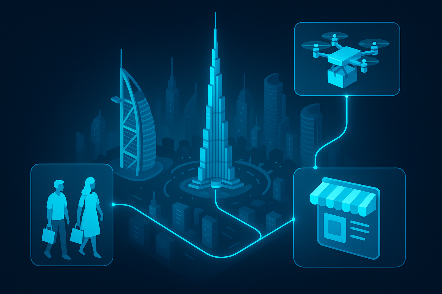 A detailed, futuristic 3D isometric view of a Dubai skyline at dawn with glowing cyan #00D4FF data streams linking shoppers, a PWA storefront, and logistics drones, all inside translucent glassmorphism panels on a dark UI