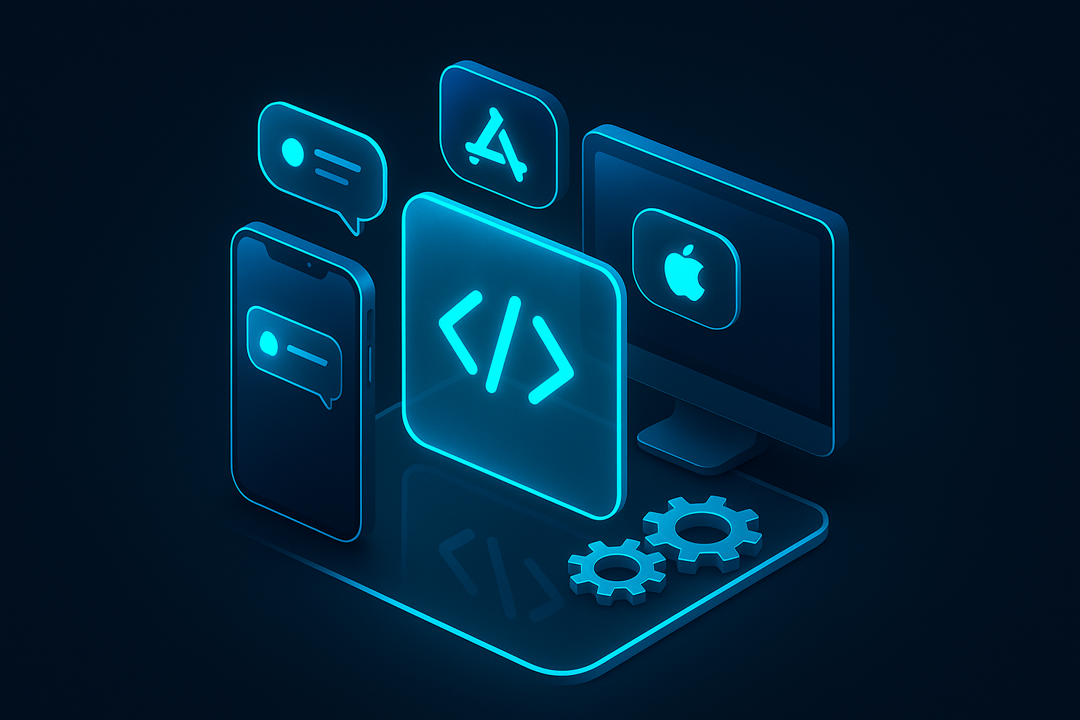 A detailed, futuristic 3D isometric description of a smartphone and a desktop monitor merging into a single glass card with cyan #00D4FF edges, app store badges floating, push notification bubbles, offline sync gears, and a unified code icon.