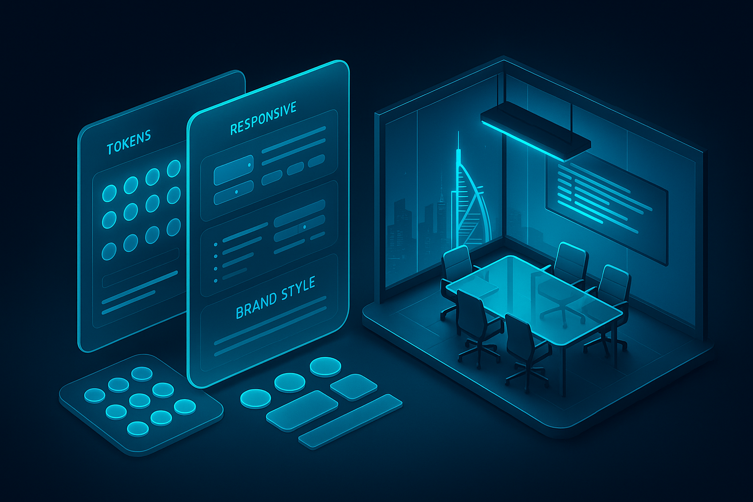 A detailed, futuristic 3D isometric description of a design system library with glass cards, cyan #00D4FF tokens, responsive components for web and PWA, and a brand style guide hovering beside a Dubai office boardroom, all in cinematic lighting