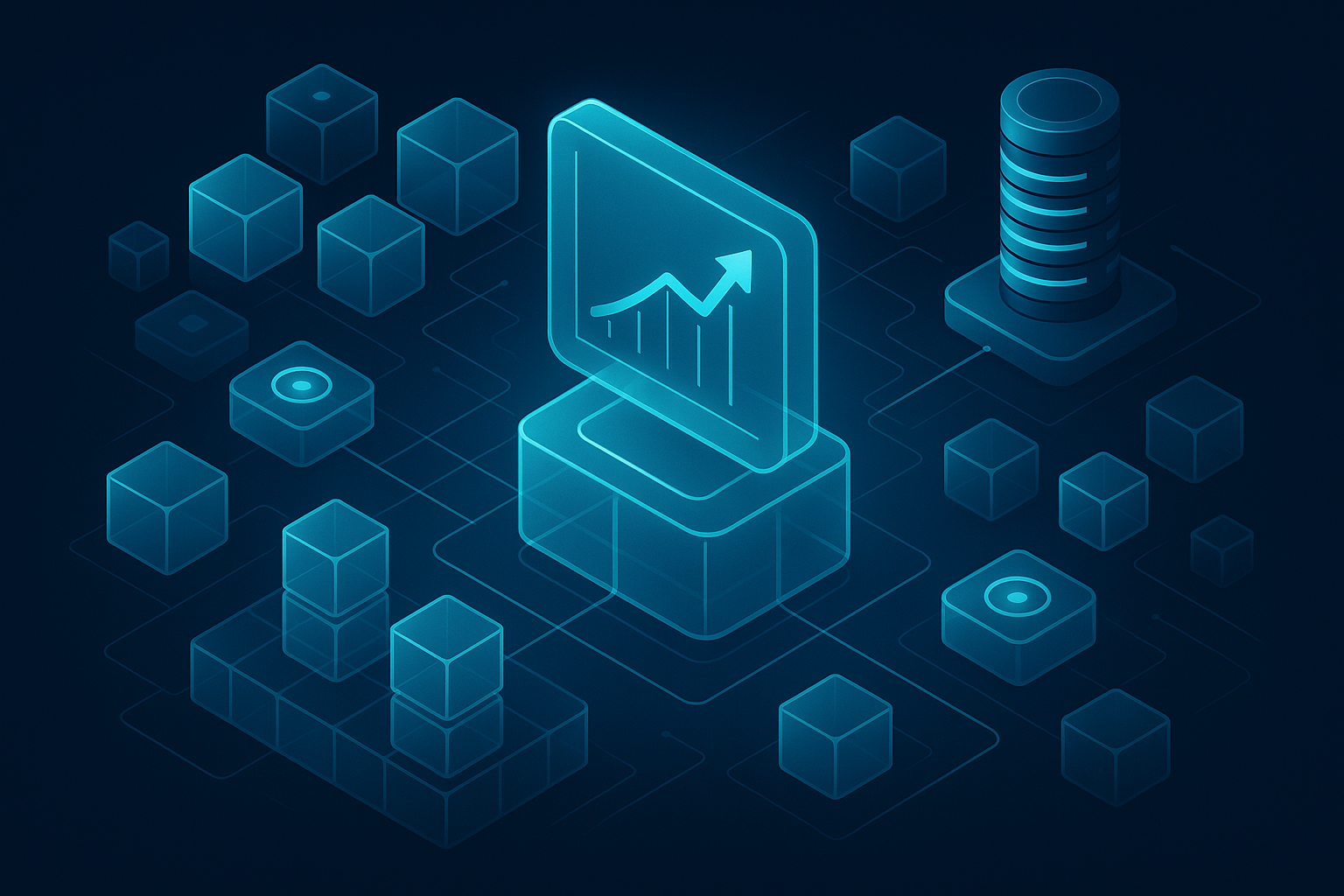 A detailed, futuristic 3D isometric description of a modular microservice data center formed by glass blocks, AI nodes pulsing cyan #00D4FF, edge cache towers, and a central holographic ROI calculator showing upward curves.