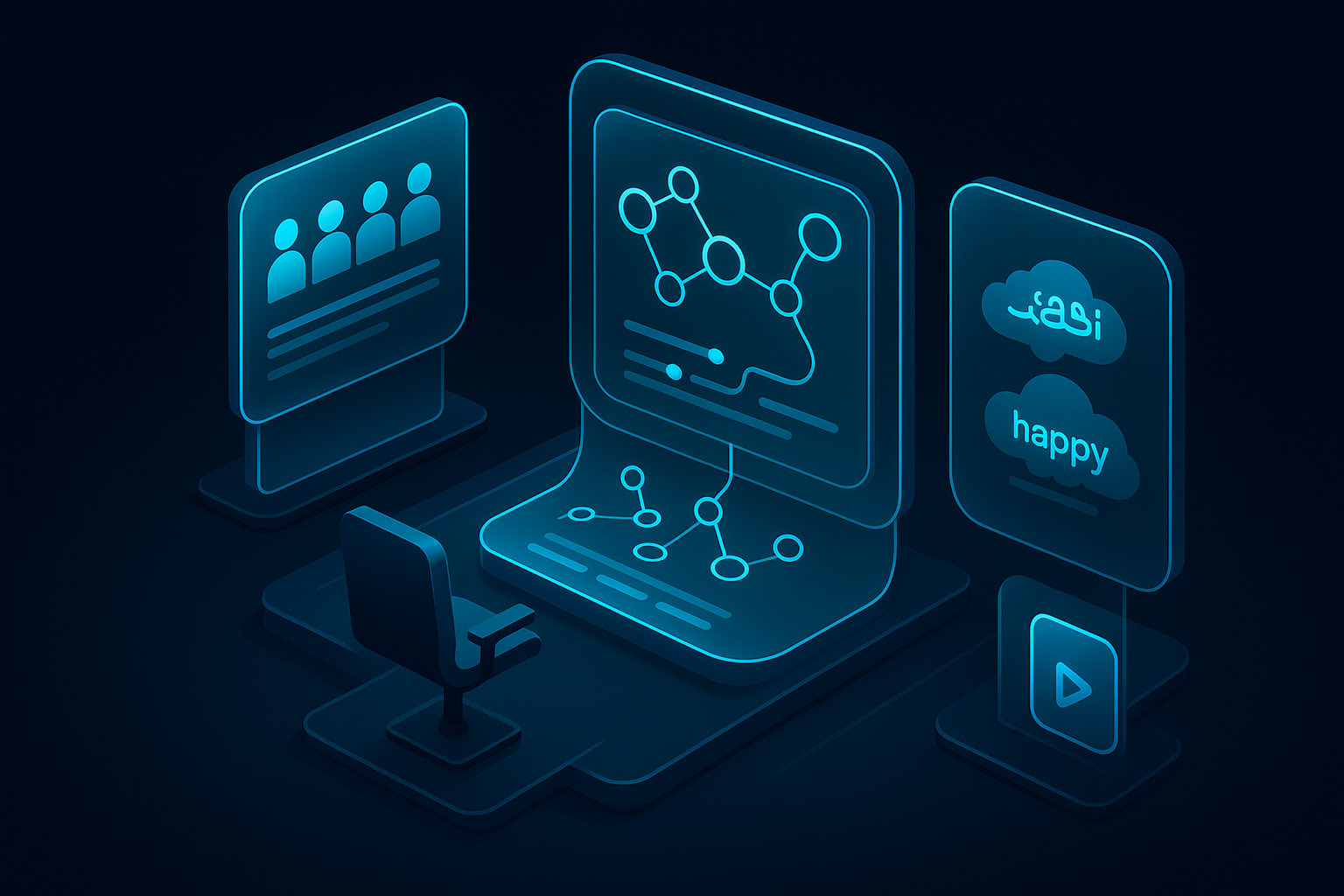 A detailed, futuristic 3D isometric control room with glass panels showing real time user cohorts, Arabic and English sentiment clouds, and AI recommendation nodes flowing into a PWA interface, all glowing with cyan #00D4FF accents and soft neon reflections