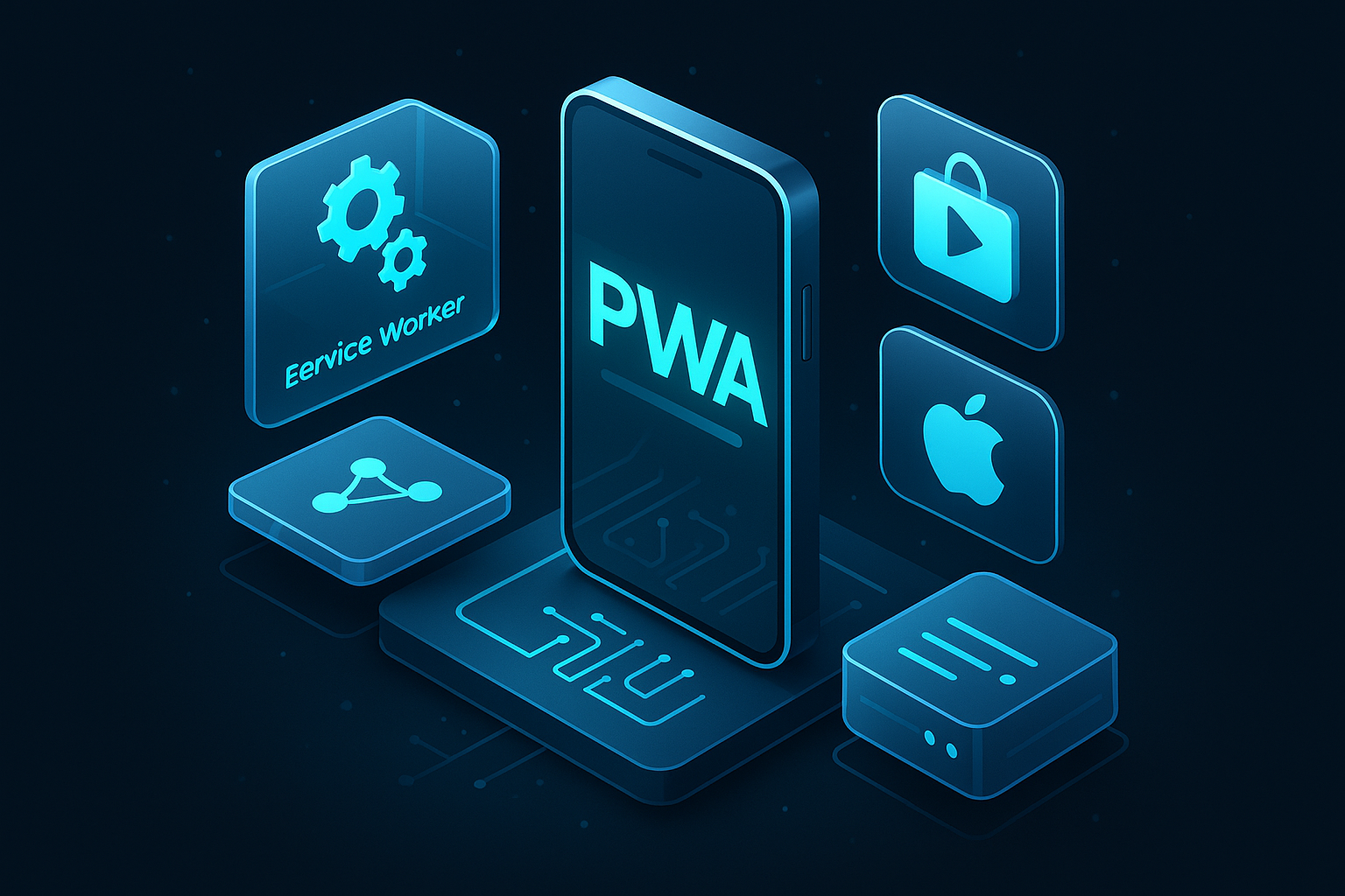 A detailed, futuristic 3D isometric diagram of a PWA architecture with glass cards, cyan #00D4FF highlights for service workers, edge caching nodes, and app store badges floating beside a mobile device