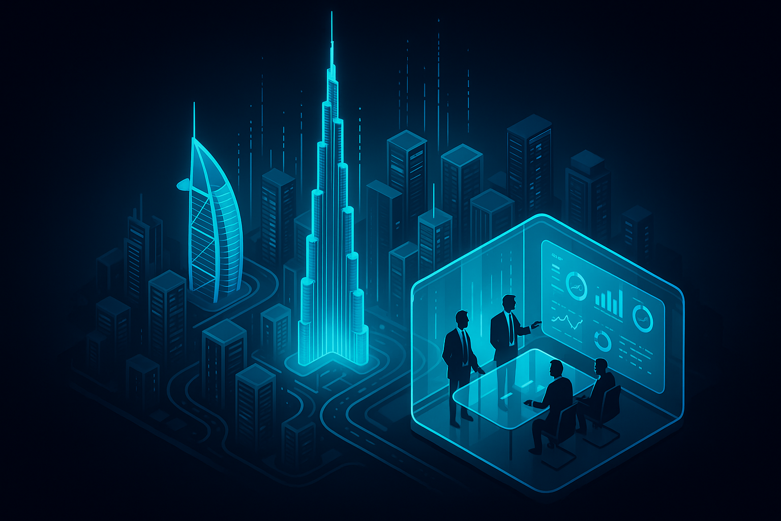 A detailed, futuristic 3D isometric scene of a Dubai skyline at sunrise, glass towers emitting cyan #00D4FF data streams, CEOs viewing holographic KPI dashboards inside a glass boardroom, dark mode ambiance.
