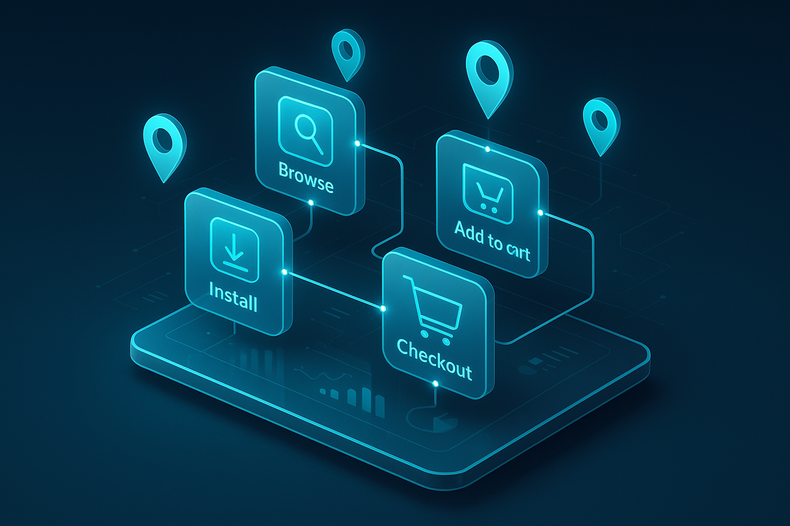 A detailed, futuristic 3D isometric description of a customer journey map floating above a glass tablet, showing install, browse, add to cart, and checkout nodes, each glowing cyan with micro charts and UAE map pins