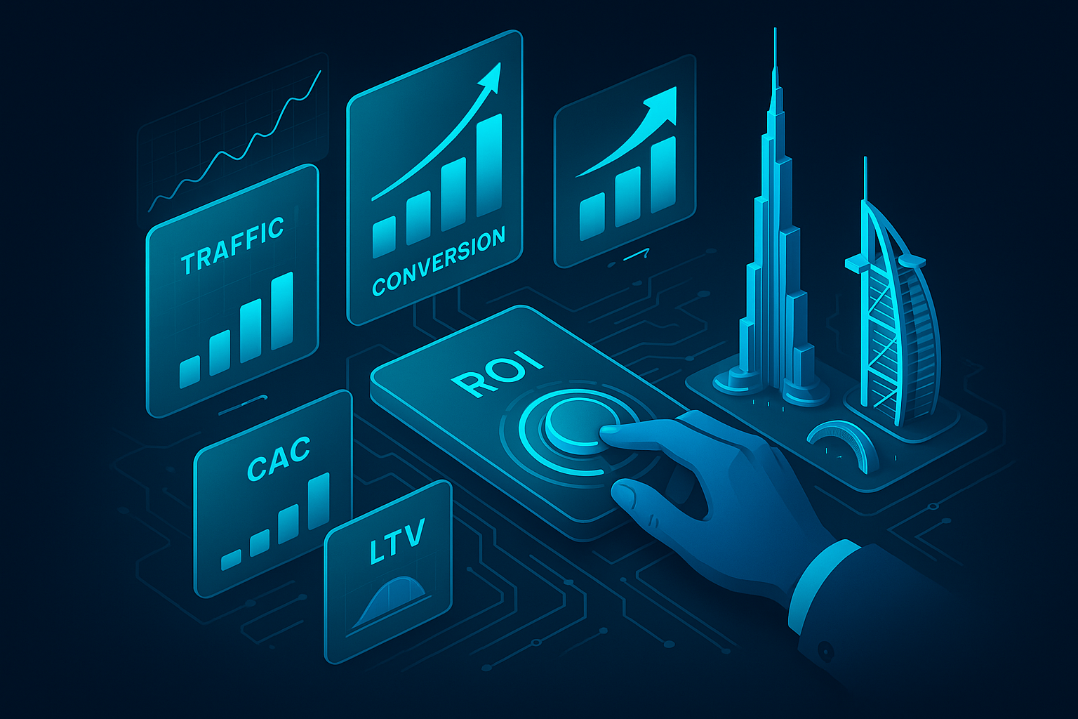 A detailed, futuristic 3D isometric description of a glassmorphism analytics cockpit with cyan #00D4FF graphs, conversion funnels rising, cards labeled Traffic, Conversion, CAC, LTV, and a CEO hand sliding a ROI control that lights up Dubai landmarks