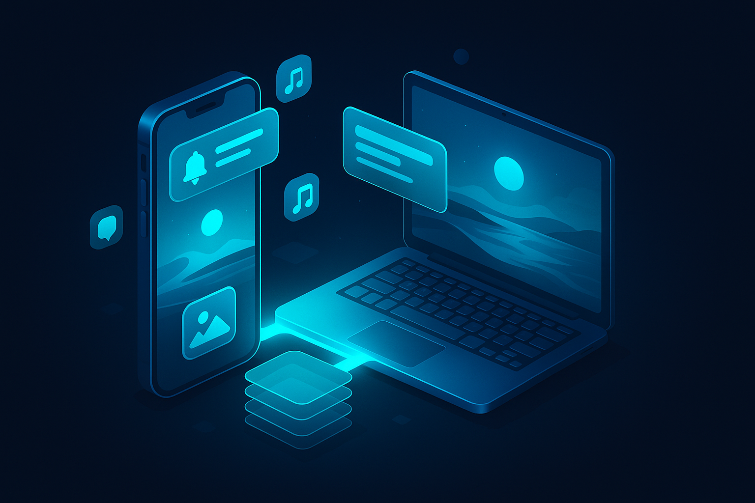 A detailed, futuristic 3D isometric description of a smartphone and laptop fused by a glowing cyan bridge, app icons floating, push notification panels, offline caching layers visualized as stacked translucent tiles, with Dubai desert and sea subtly integrated