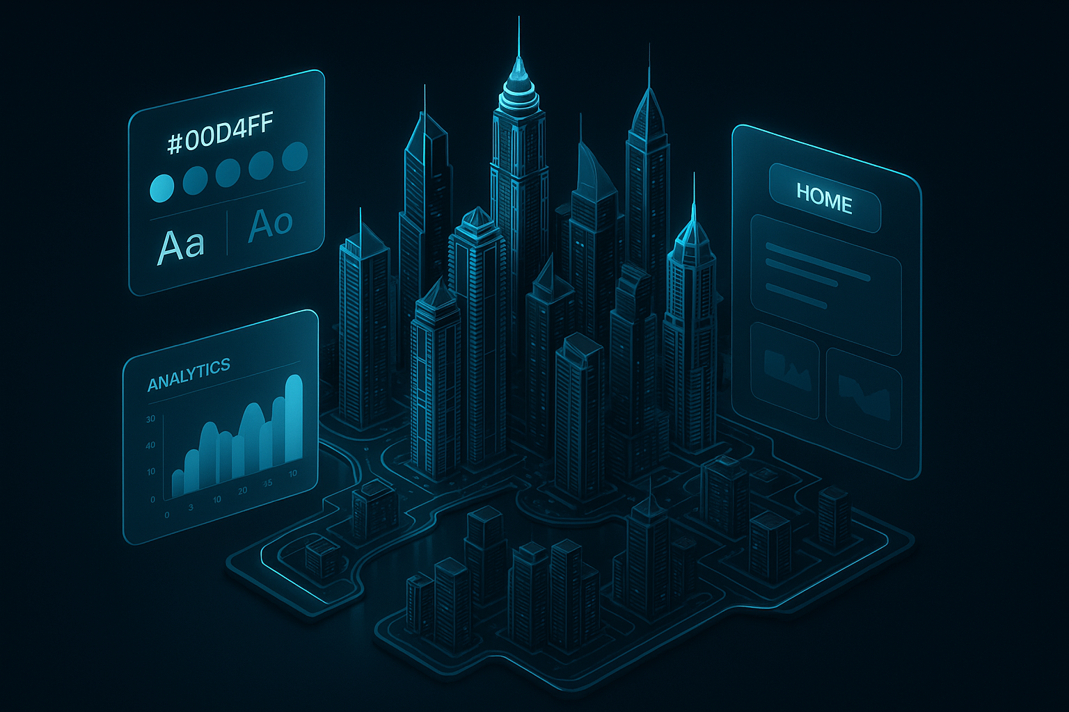 A detailed, futuristic 3D isometric view of Dubai Marina at night with cyan #00D4FF neon edges, floating glass UI panels that show a brand style guide, analytics charts, and a fast PWA homepage. Subtle depth of field, dark mode, premium glassmorphism.
