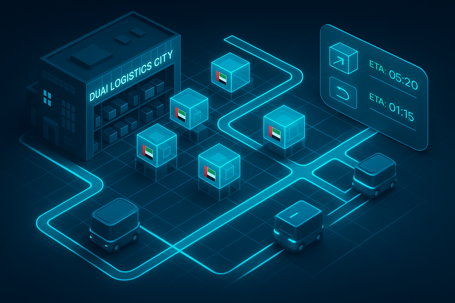 A detailed, futuristic 3D isometric description of a dark warehouse grid near Dubai Logistics City, autonomous carts moving along cyan #00D4FF tracks, holographic boxes tagged with GCC flags, and a dashboard tile showing delivery ETAs and return flows