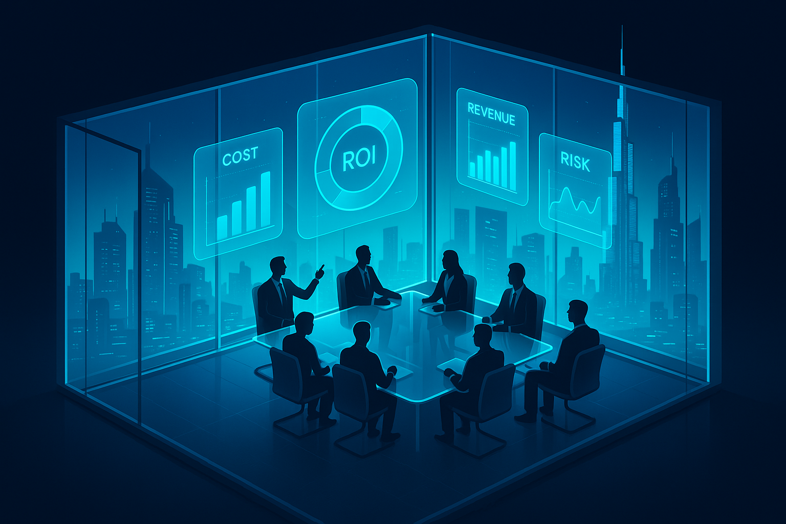 A detailed, futuristic 3D isometric description of a Dubai boardroom at sunrise, glass walls overlooking the skyline, executives viewing holographic ROI dashboards in cyan #00D4FF, floating charts for cost, revenue, and risk, all in premium glassmorphism style on a dark background