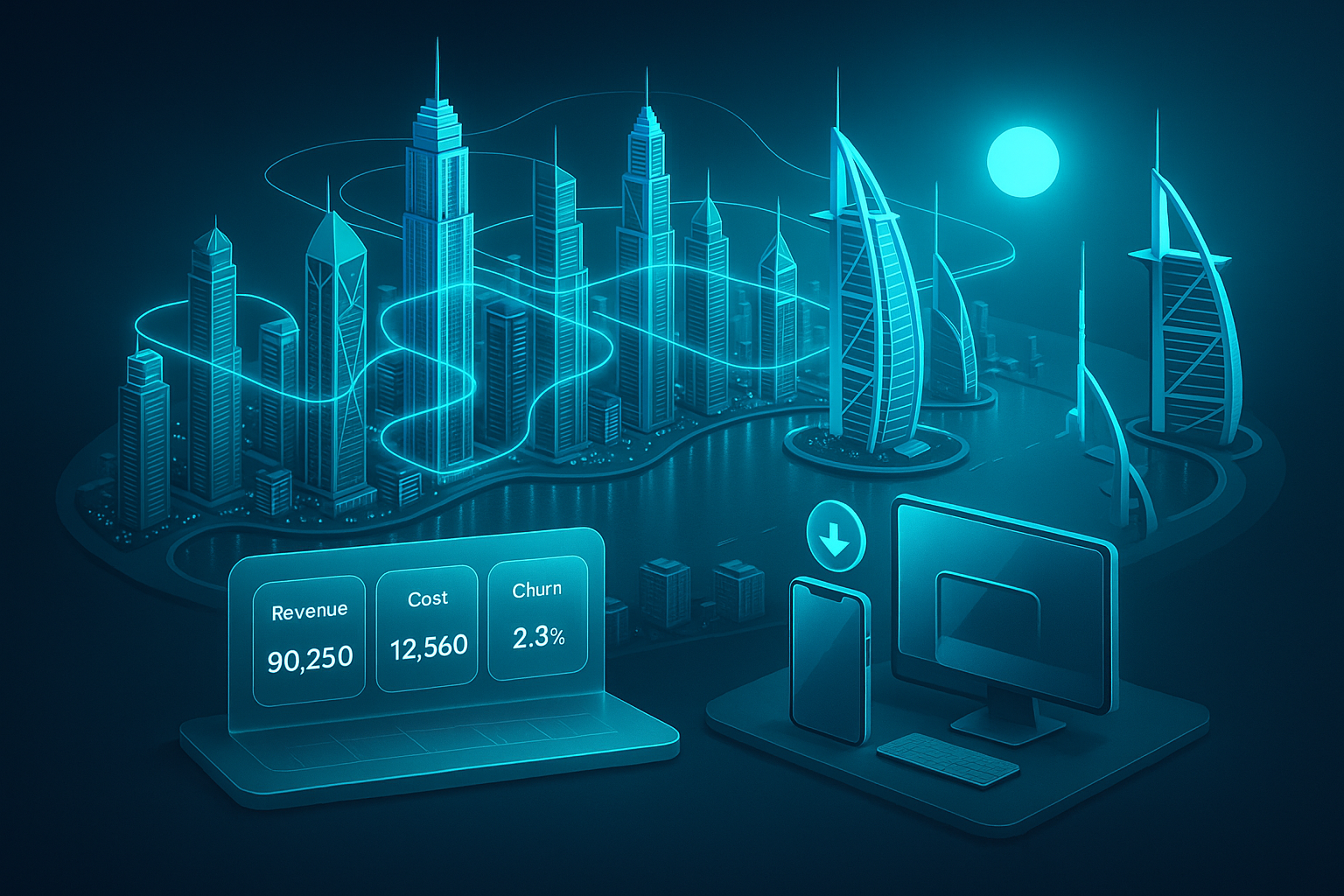A detailed, futuristic 3D isometric description of a Dubai marina skyline at sunrise, with holographic cyan #00D4FF data streams flowing between towers, a glassmorphism command center in the foreground showing KPI tiles for revenue, cost, and churn, and a PWA install icon floating above a phone, tablet, and desktop set.