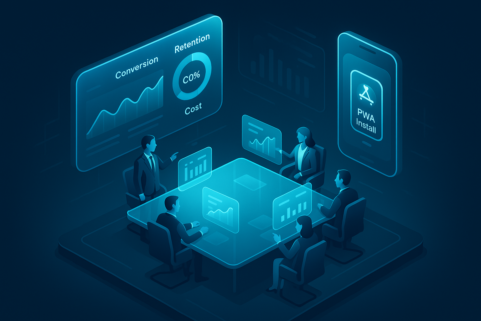 A detailed, futuristic 3D isometric description of a boardroom in Abu Dhabi with executives reviewing transparent glass dashboards that display conversion, retention, and cost metrics, with a phone showing a PWA install badge