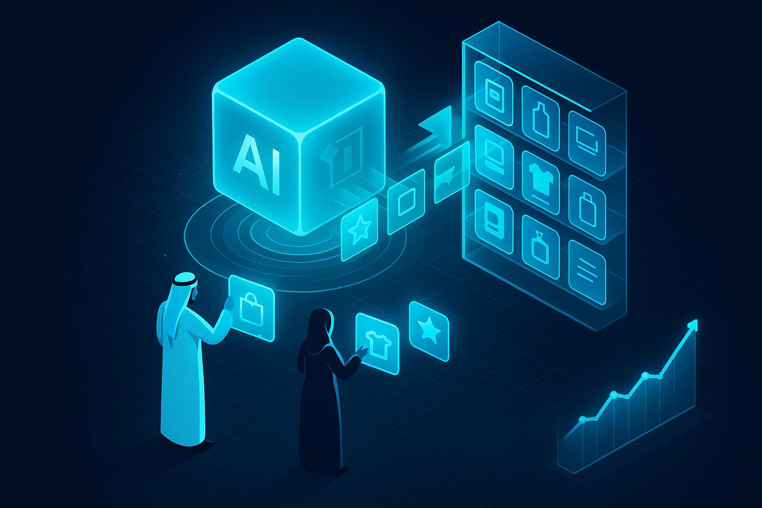 A detailed, futuristic 3D isometric description of an AI merchandising engine as a glowing cyan #00D4FF cube that reorders product tiles on holographic shelves, with users in Gulf attire tapping floating recommendations and a conversion graph rising