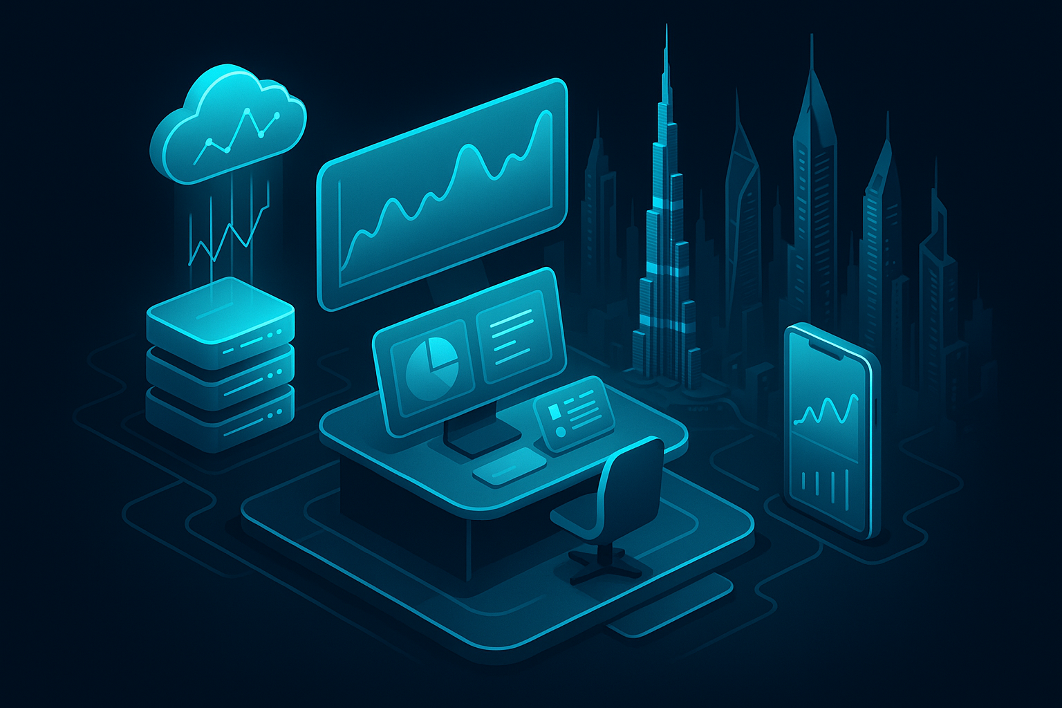 A detailed, futuristic 3D isometric description of a dark mode glassmorphism control room overlooking a stylized Dubai skyline, with cyan #00D4FF holographic charts streaming from cloud servers into enterprise dashboards and mobile devices.