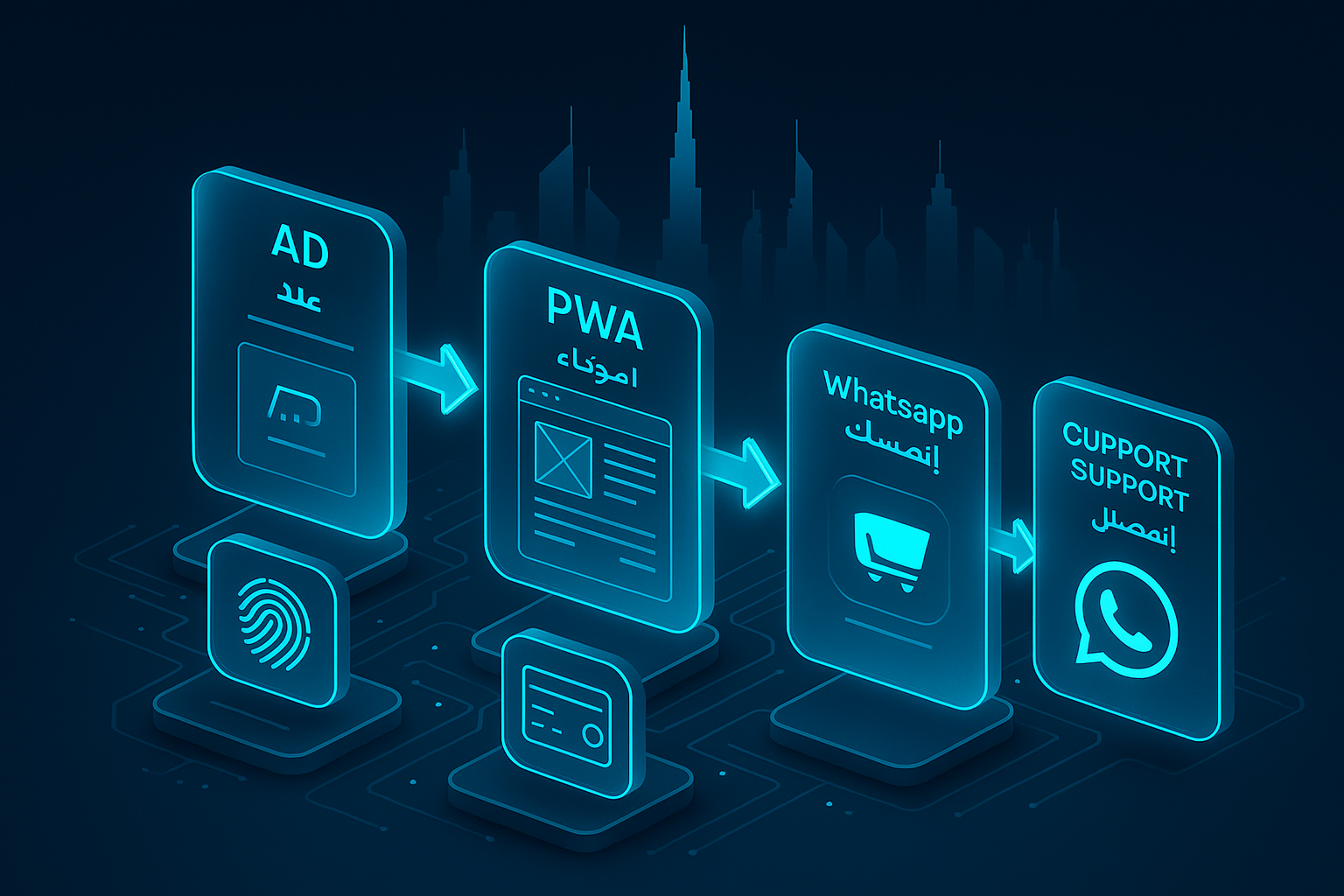 A detailed, futuristic 3D isometric customer journey map in Arabic and English, glass panels with glowing cyan #00D4FF arrows from ad to PWA to checkout to WhatsApp support, biometric payment icons, Dubai skyline silhouette in the background