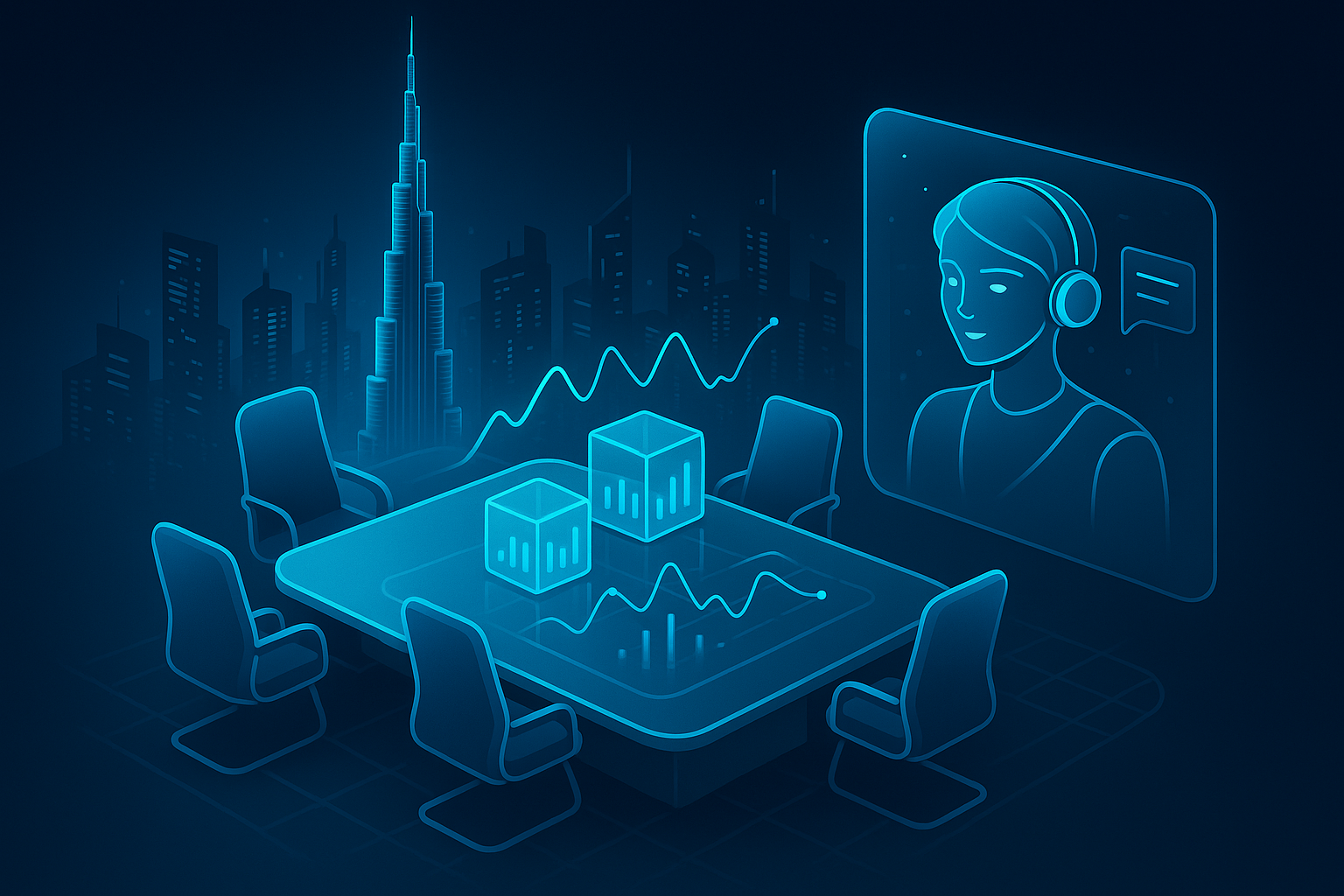 A detailed, futuristic 3D isometric description of a boardroom table overlooking the Burj Khalifa, with holographic KPI cubes, cyan trend lines, and an AI co pilot advising executives in a glassmorphism interface