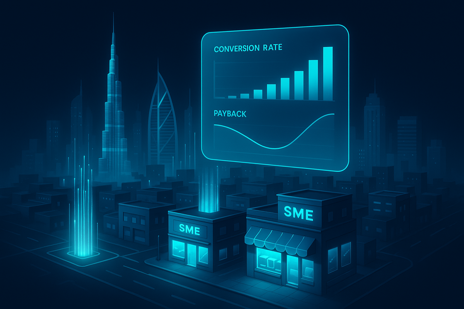 A detailed, futuristic 3D isometric description of a dawn Dubai skyline with holographic data streams rising from SME storefronts, a glass UI dashboard floating in cyan #00D4FF showing conversion rates and payback curves, soft dark mode glow