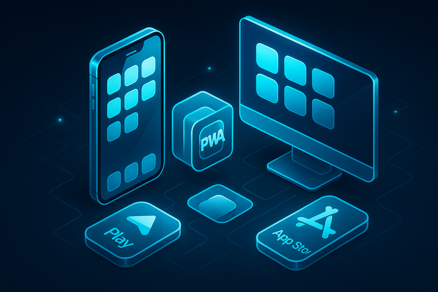 A detailed, futuristic 3D isometric description of a PWA icon grid on premium smartphones and desktops, install prompts for Play and App Store, glowing cyan #00D4FF edges, glass reflections