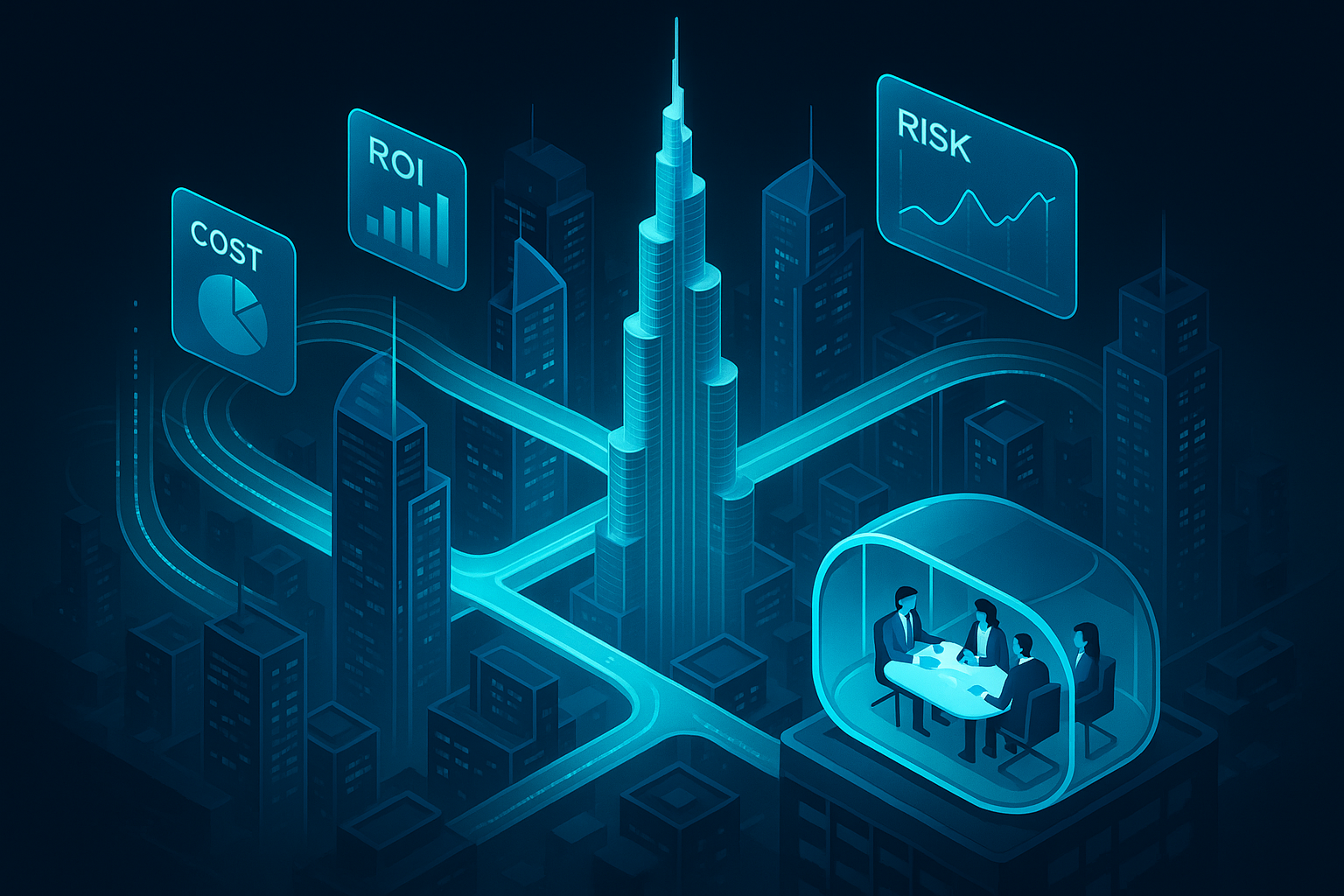 A detailed, futuristic 3D isometric description of a night time Dubai skyline with glass towers and skybridges, cyan data streams flowing between buildings, and floating glassmorphism dashboards that show ROI, cost, and risk metrics while executives review them in a luminous conference pod.