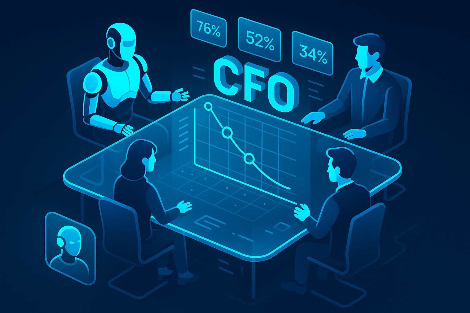 A detailed, futuristic 3D isometric description of a glass conference table with a holographic CFO dashboard, KPIs floating in cyan, cost curves bending downward, and AI agents collaborating with human avatars