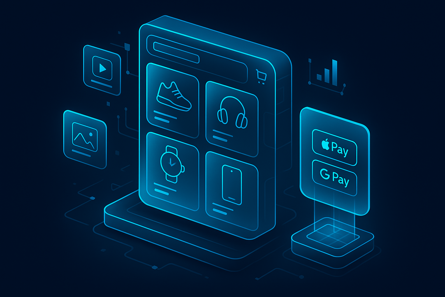 A detailed, futuristic 3D isometric description of a glassmorphism PWA storefront with cyan #00D4FF highlights, floating product cards that rearrange themselves in real time based on AI signals, and a holographic checkout panel showing Apple Pay and Google Pay buttons.