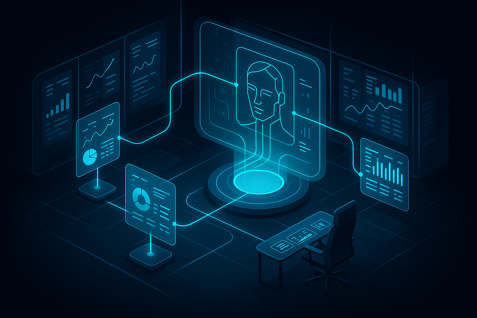 A detailed, futuristic 3D isometric description of a Dubai executive war room with holographic AI dashboards, cyan #00D4FF data streams linking supply, sales, and finance, glass panels and dark mode lighting
