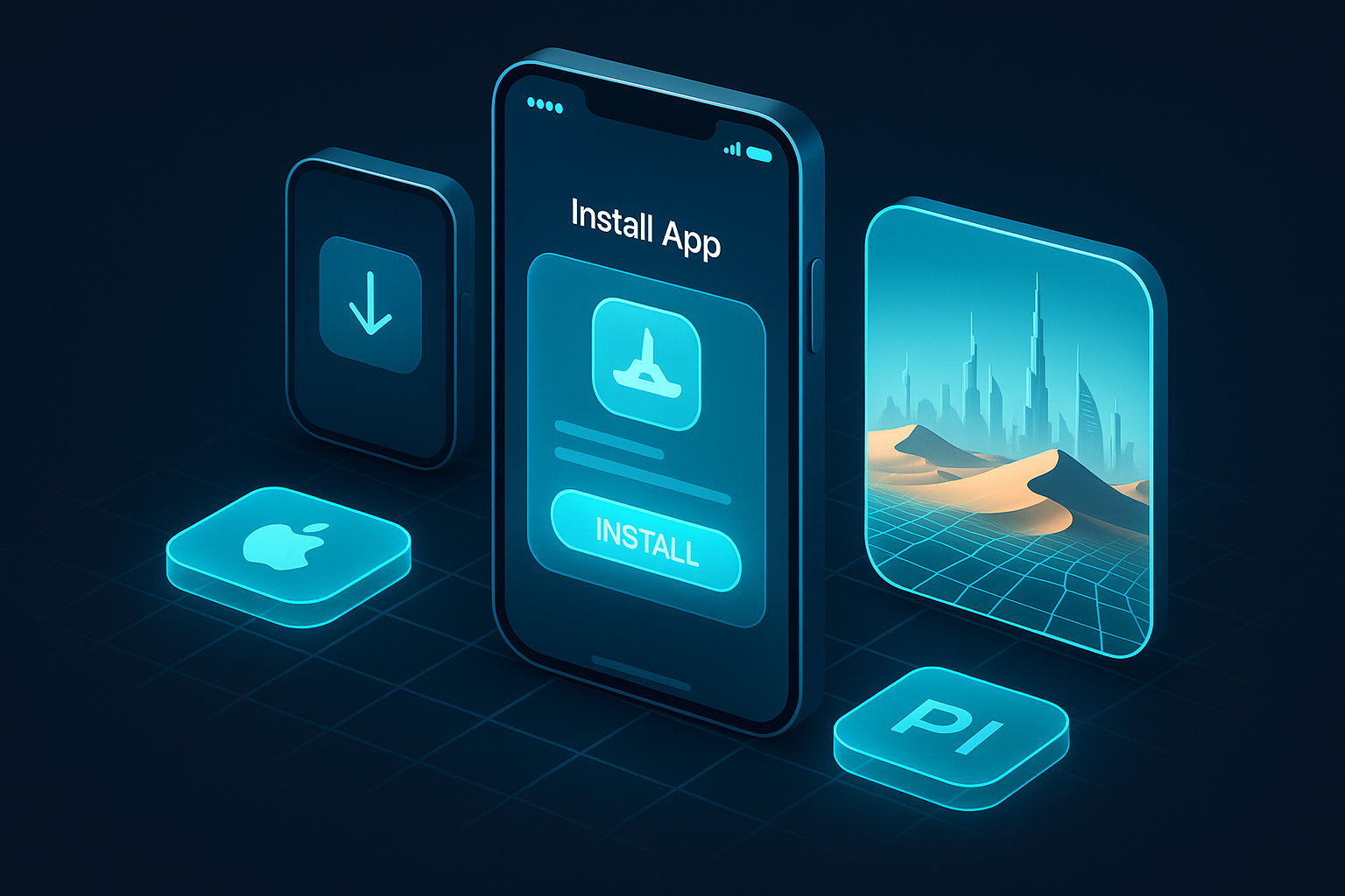 A detailed, futuristic 3D isometric description of a PWA install flow on phone screens beside app store badges, with cyan holographic buttons and a Dubai desert landscape morphing into a digital grid, glassmorphism style
