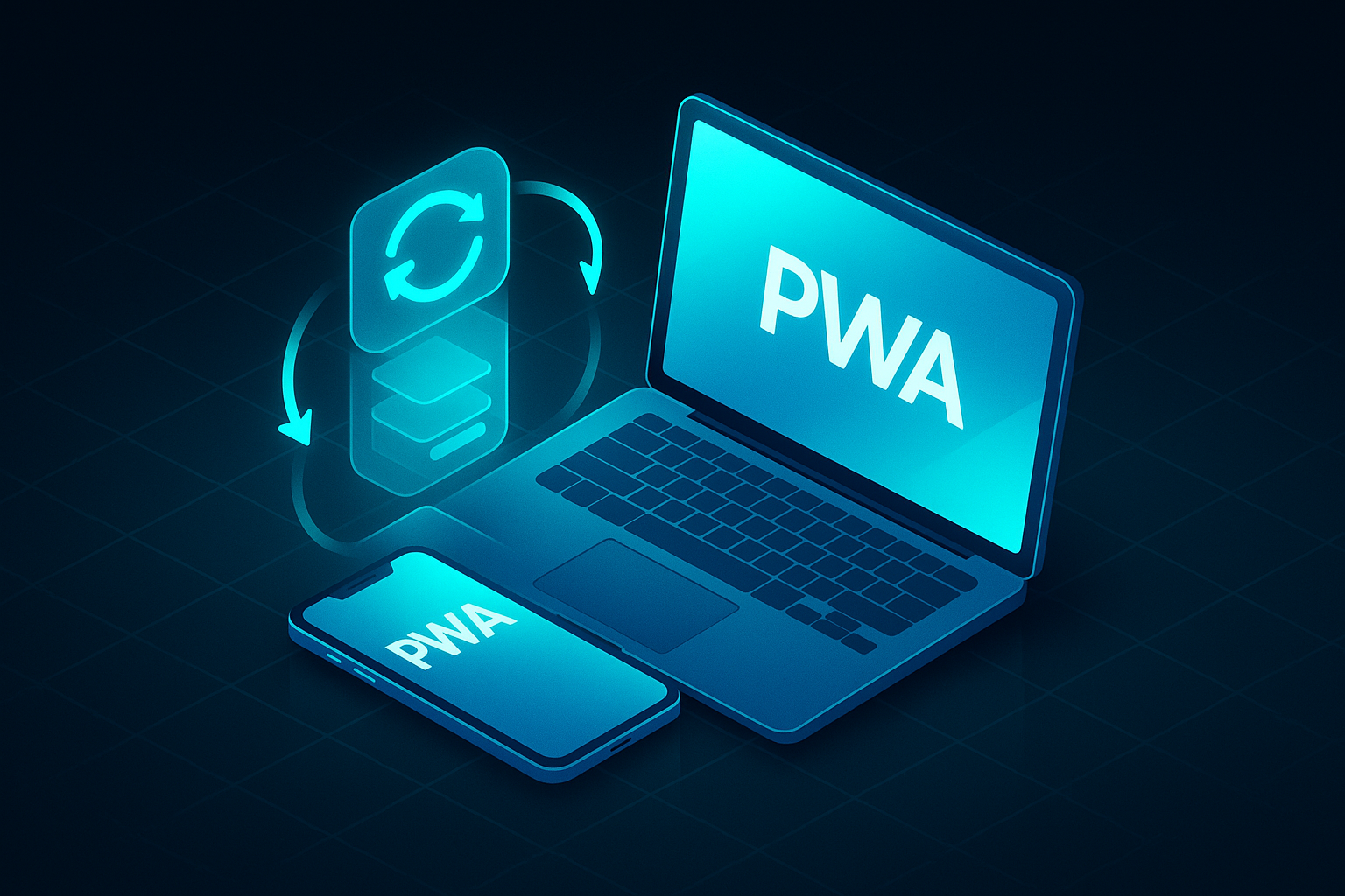 A sleek 3D isometric PWA on a phone and laptop, with service workers caching layers, offline queues, and sync arrows pulsing in cyan, set against a soft glassmorphic grid