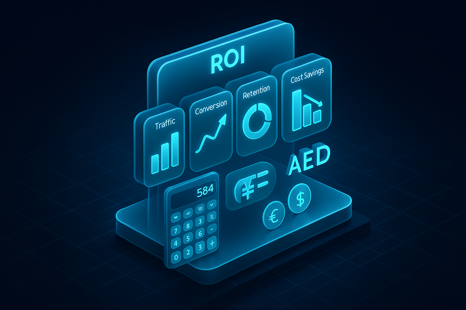 A detailed, futuristic 3D isometric ROI dashboard floating above a dark city grid, with glowing cyan #00D4FF charts for traffic, conversion, retention, and cost savings, a calculator widget and currency symbols in AED