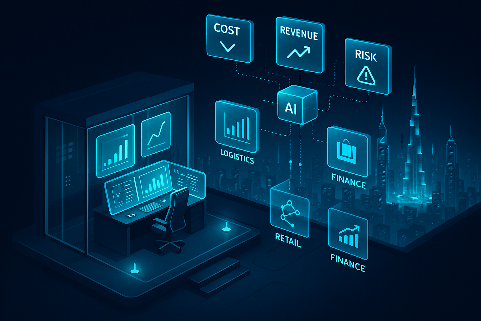 A detailed, futuristic 3D isometric description of a dark mode control room overlooking a cyan lit Dubai skyline, with floating holographic KPI tiles for cost, revenue, and risk, and AI nodes streaming data between logistics, retail, and finance modules