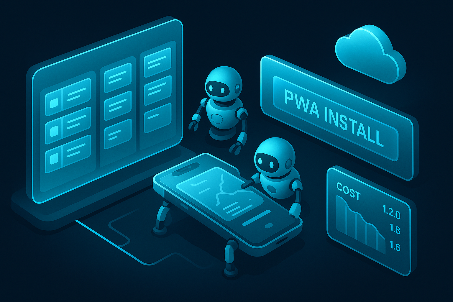A detailed, futuristic 3D isometric sprint board with holographic cards, cyan #00D4FF highlights, automated test robots scanning an app, and a PWA install banner beside cloud cost meters dropping in real time.