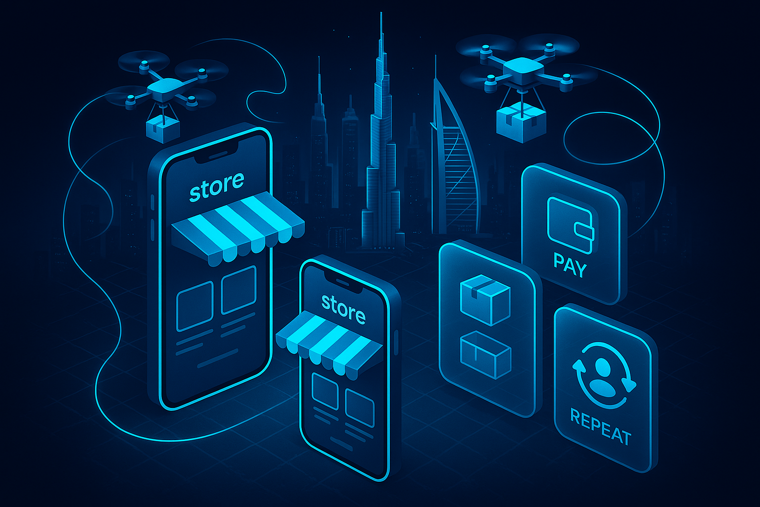 A detailed, futuristic 3D isometric retail scene showing a Dubai skyline at night, PWA storefronts on phones, courier drones tracing cyan #00D4FF paths, and glassmorphism panels for wallet pay, delivery slots, and repeat purchase cohorts.
