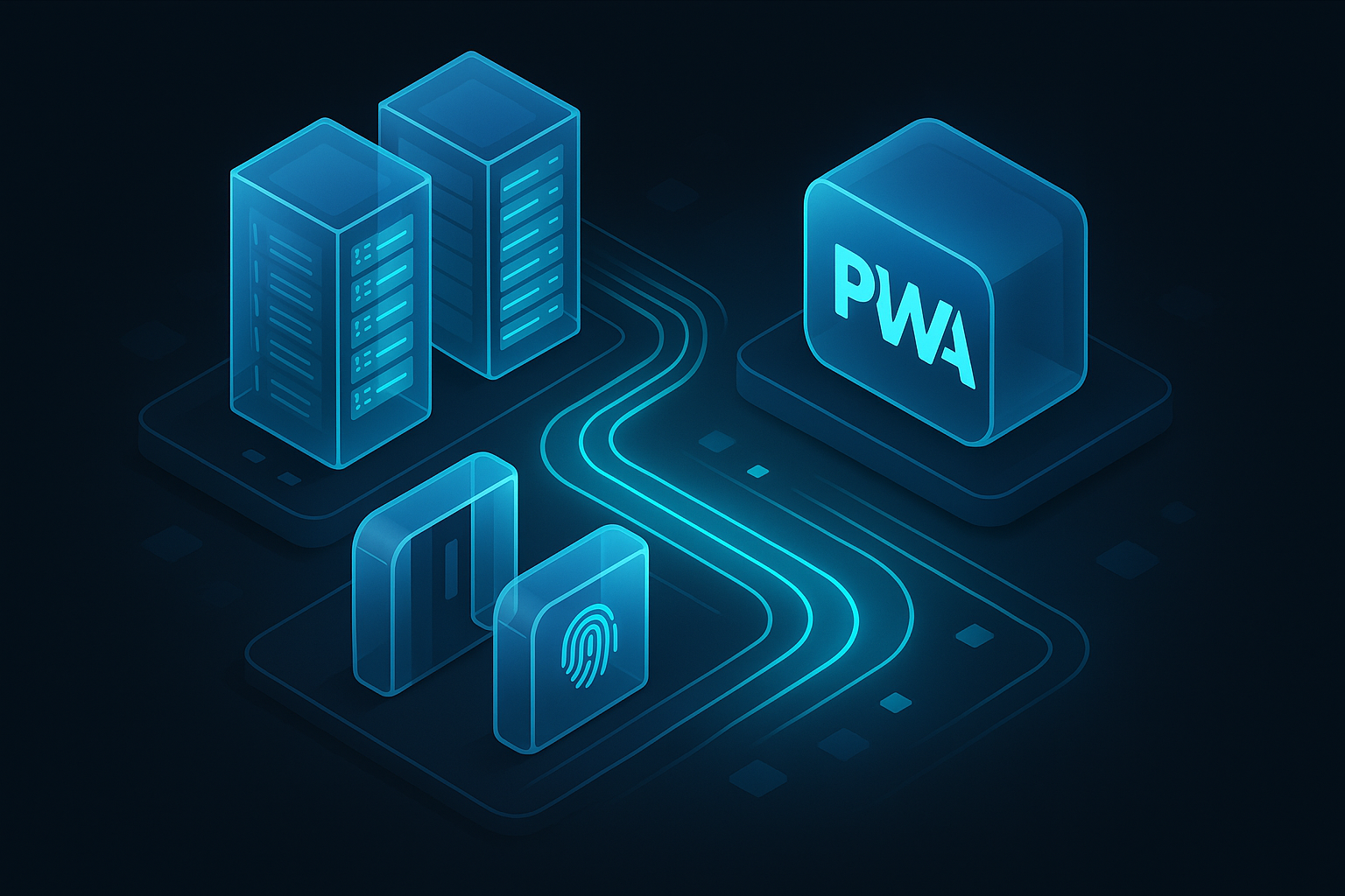A detailed, futuristic 3D isometric description of a secure data center with translucent glass servers, biometric gates, and flowing cyan #00D4FF data streams connecting to a PWA icon, all in dark mode glassmorphism