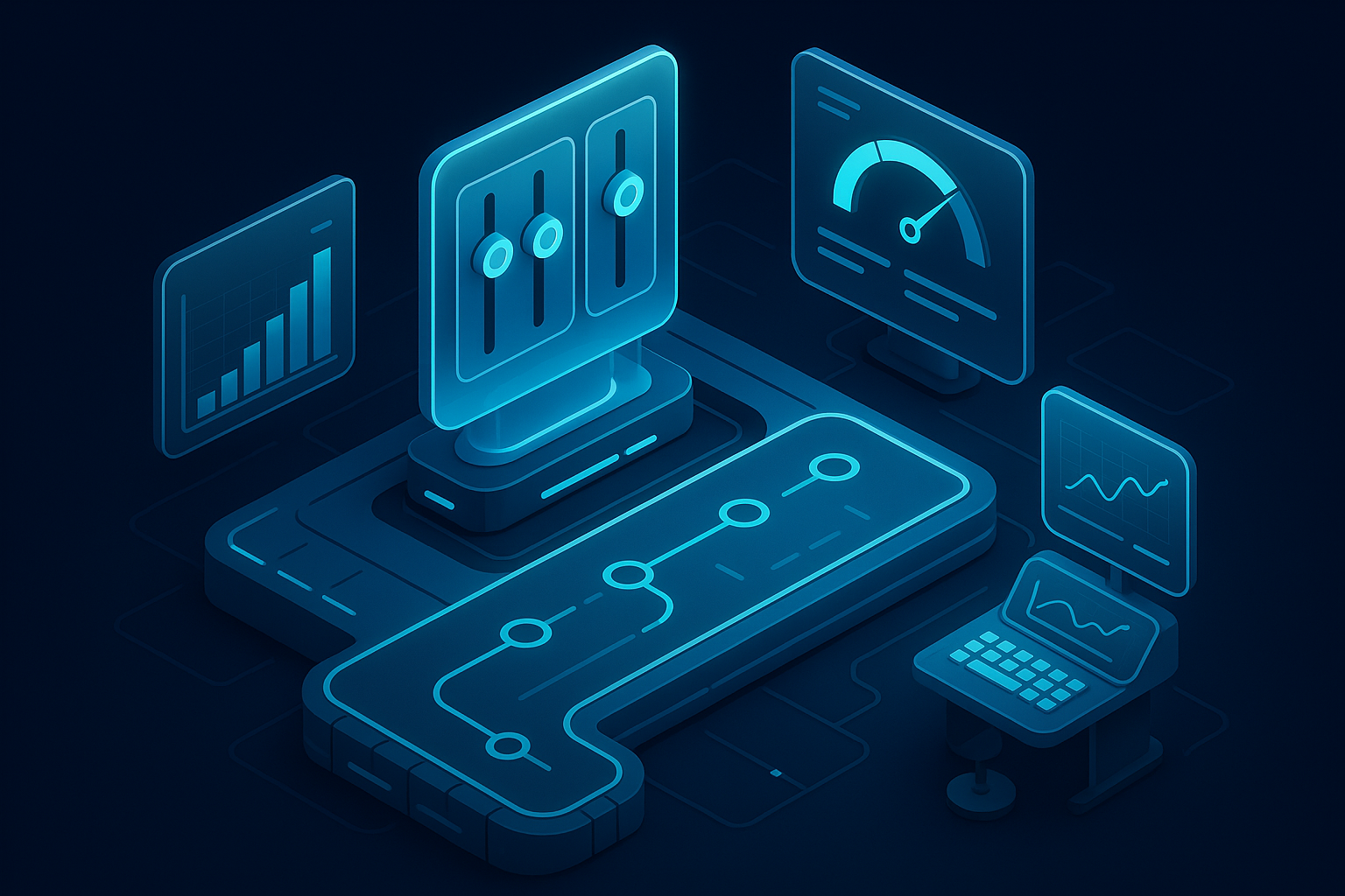 A detailed, futuristic 3D isometric description of a finance control room with holographic cost sliders, ROI gauges, and a roadmap conveyor, cyan #00D4FF accents, dark mode glass panels