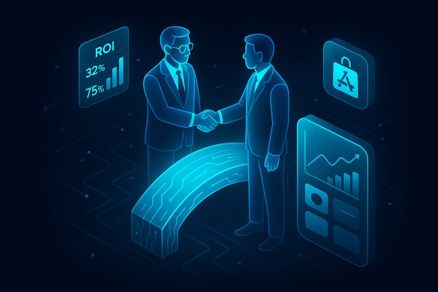 A detailed, futuristic 3D isometric description of a handshake between a CEO and a technologist over a glowing cyan bridge, with floating ROI metrics, app store icons, and a glass dashboard