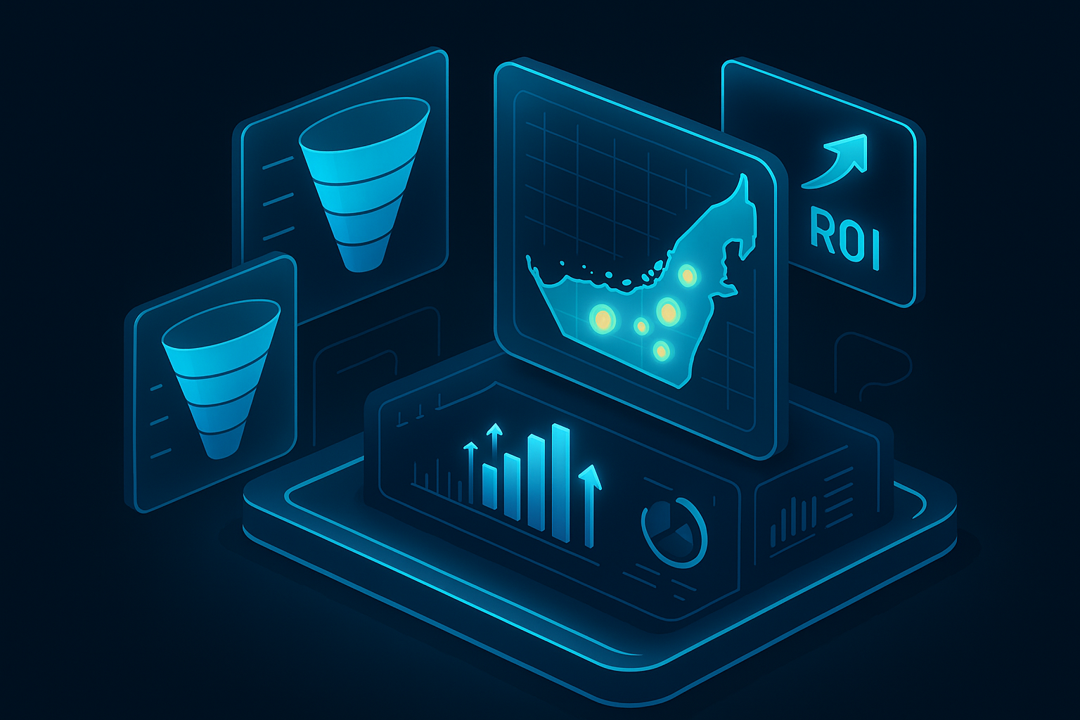 A detailed, futuristic 3D isometric analytics command center with glassmorphism widgets showing funnel charts, Arabic and English labels, real time user heatmaps over a stylized UAE map, and a cyan #00D4FF glow highlighting rising ROI figures.