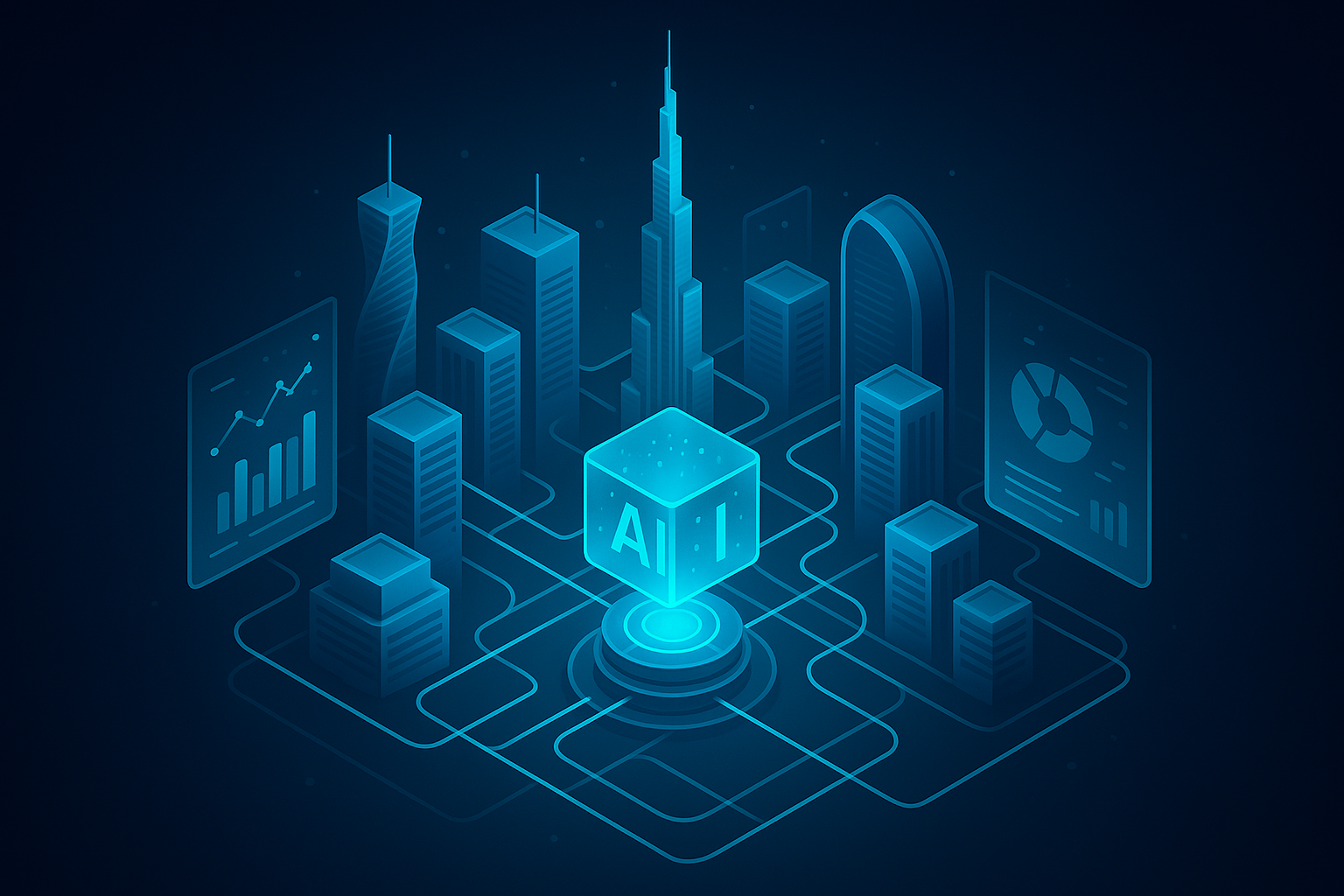 A detailed, futuristic 3D isometric description of a dawn Dubai skyline with cyan data streams flowing between towers, holographic glass panels showing KPIs, and a central AI core glowing in #00D4FF, all styled with subtle glassmorphism in dark mode