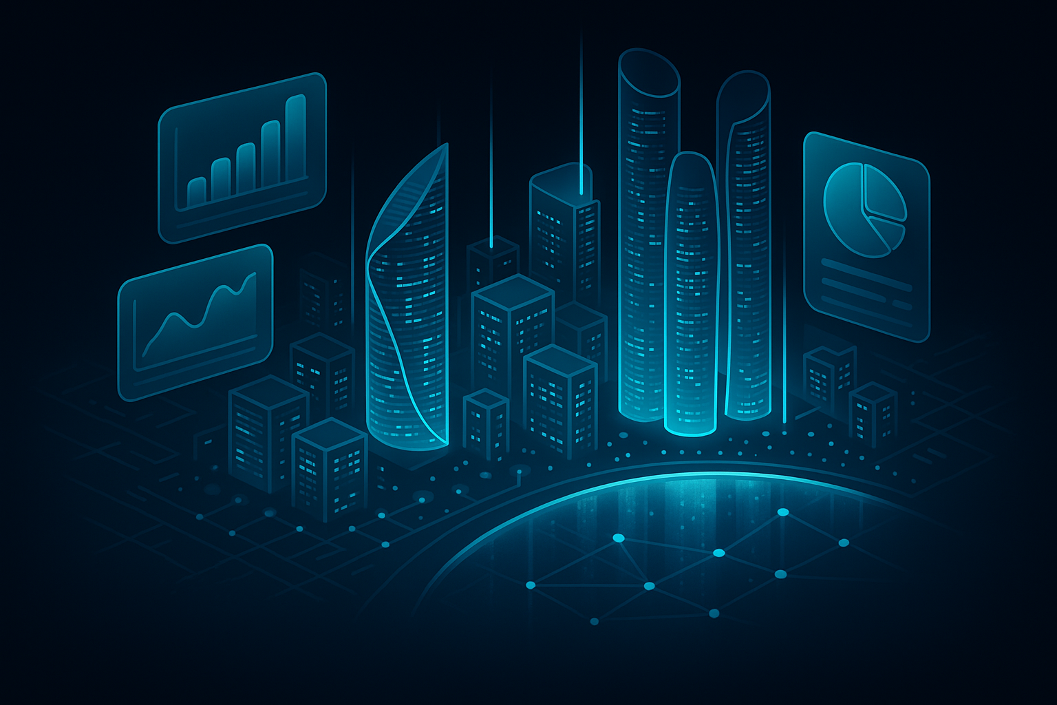 A detailed, futuristic 3D isometric rendering of Abu Dhabi’s skyline at night, with cyan #00D4FF data beams linking corporate buildings, floating glassmorphism UI panels showing KPIs, and an illuminated Corniche reflecting network nodes